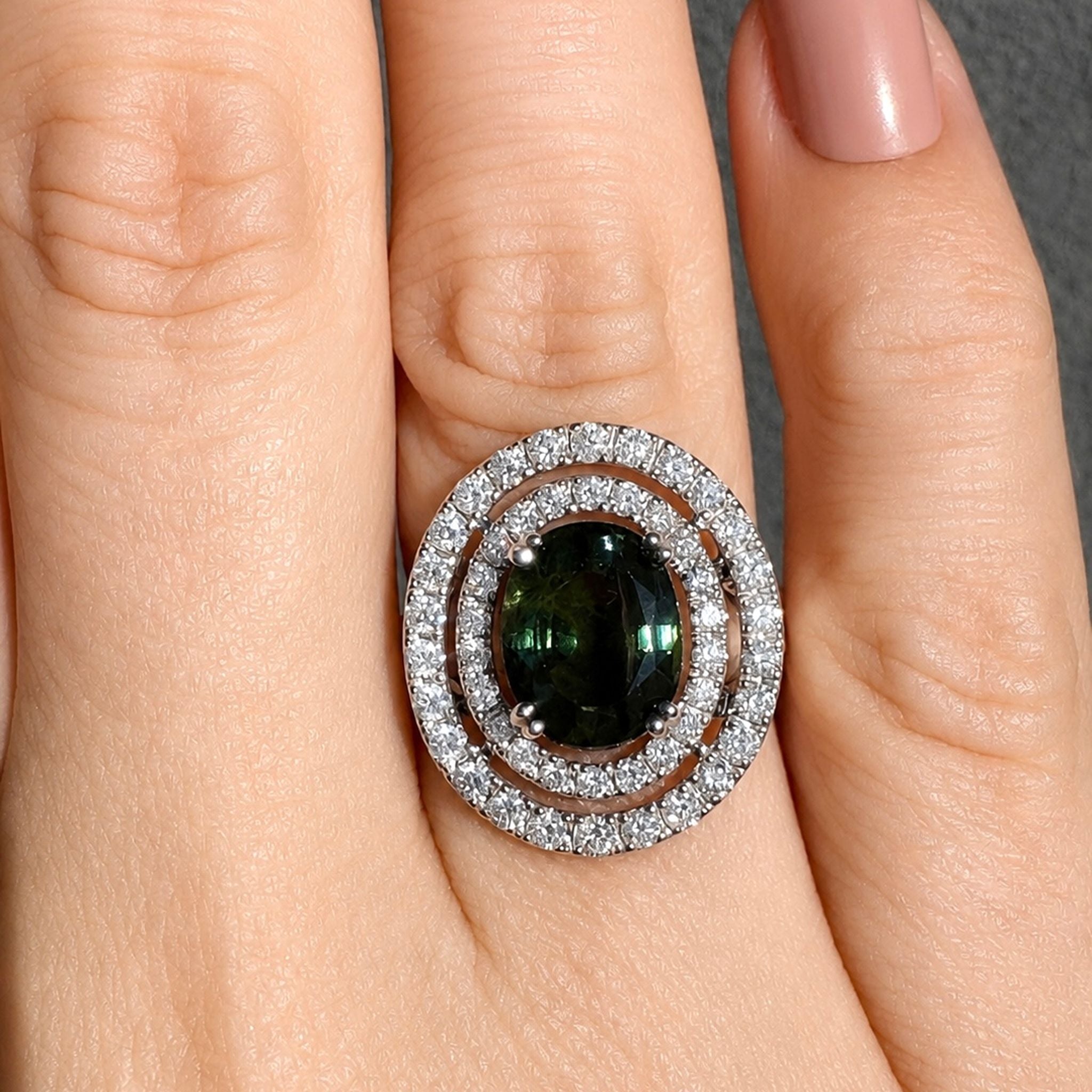 Stunning Contemporary 14ct White Gold Green Sapphire & Diamond Double Halo Ring. Independent Gemmological Valuation included $16,100 AUD