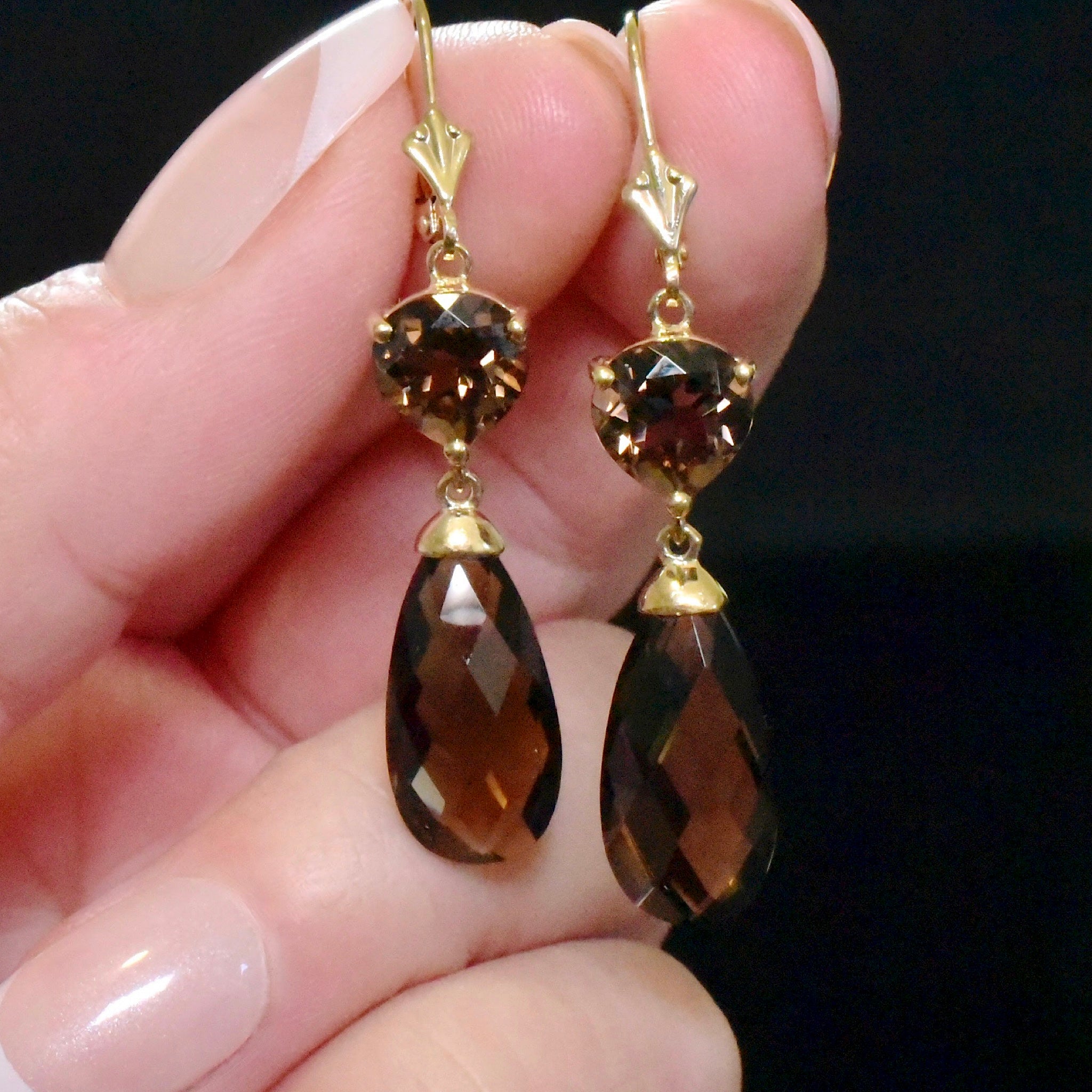 Stunning Modern 9ct Yellow Gold Smoky Quartz Drop Earrings