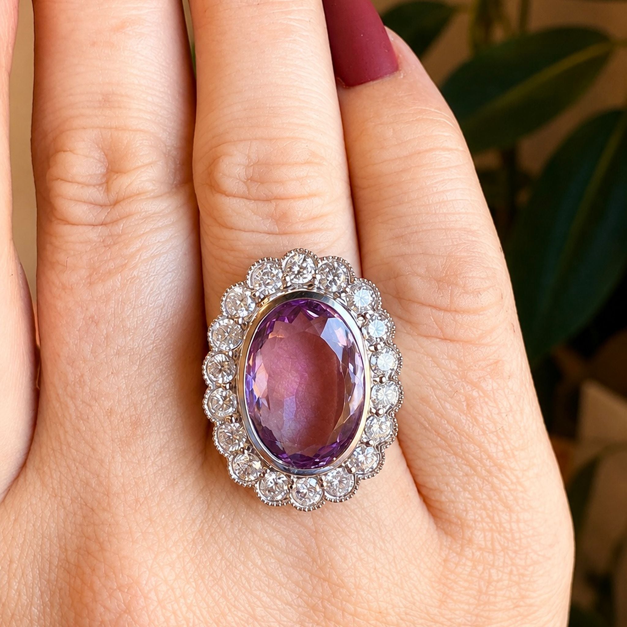 Superb 14ct White Gold Amethyst and Diamond Halo Ring Complete with an Independent Gemmological Valuation for $13,500 AUD