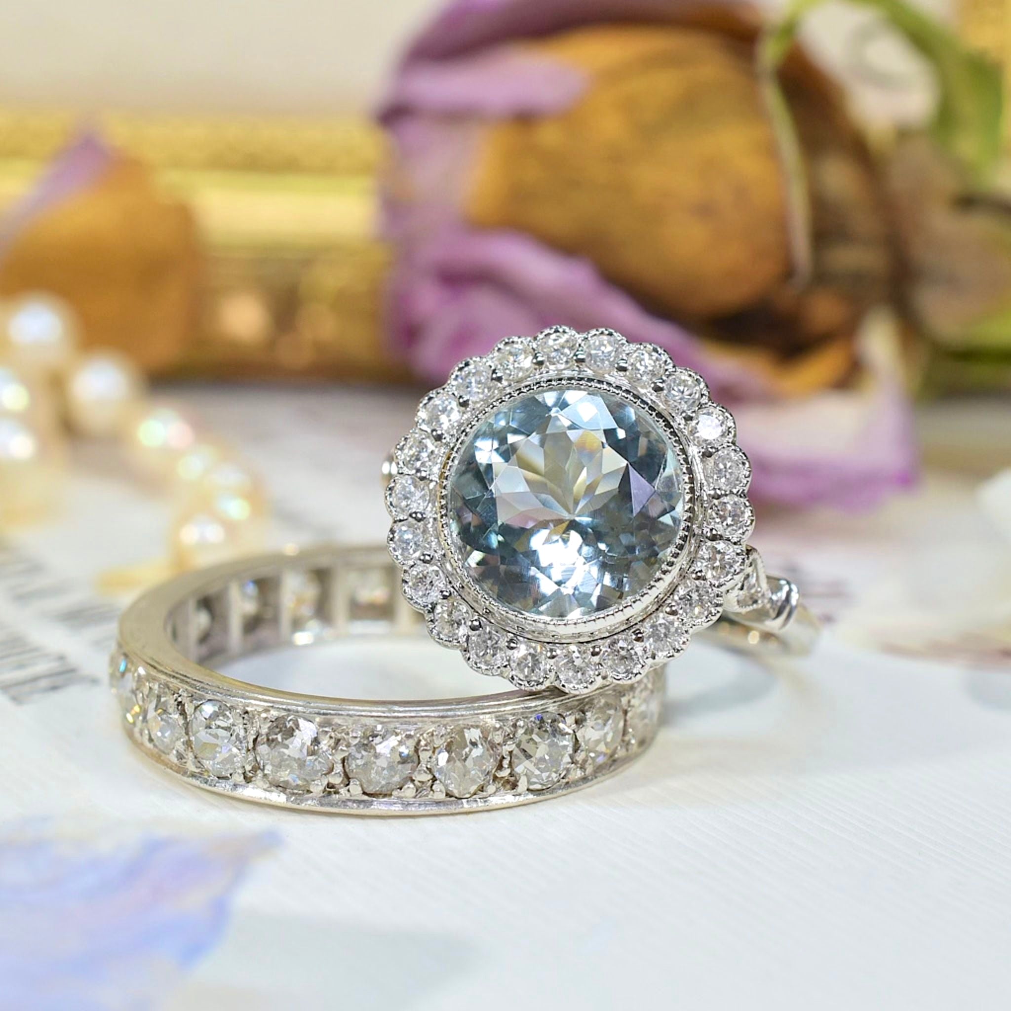 Modern 14ct White Gold Aquamarine And Diamond Daisy Halo Cluster
