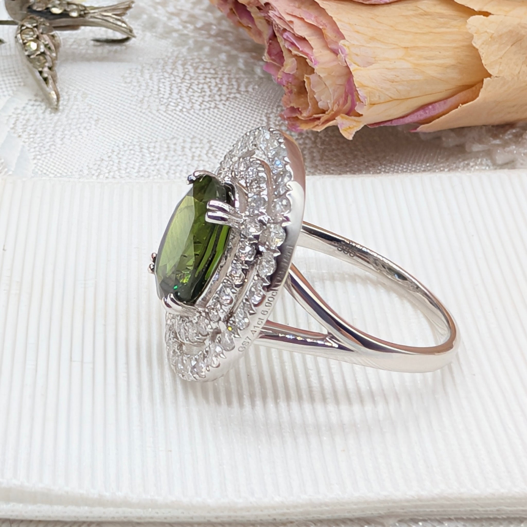 Stunning Contemporary 14ct White Gold Green Sapphire & Diamond Double Halo Ring. Independent Gemmological Valuation included $16,100 AUD