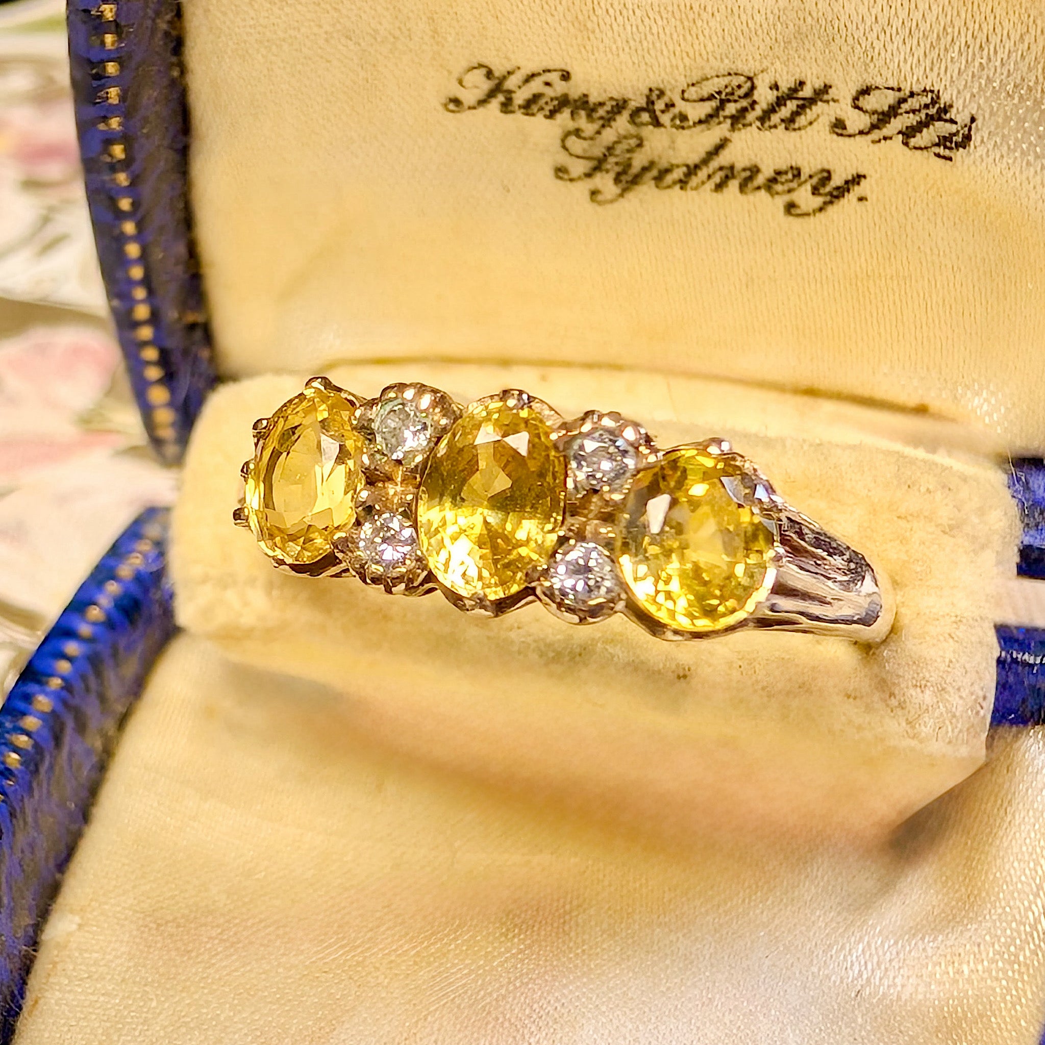 Vintage 9ct Yellow Gold Yellow Sapphire & Diamond ‘Trilogy’ Ring London 1984