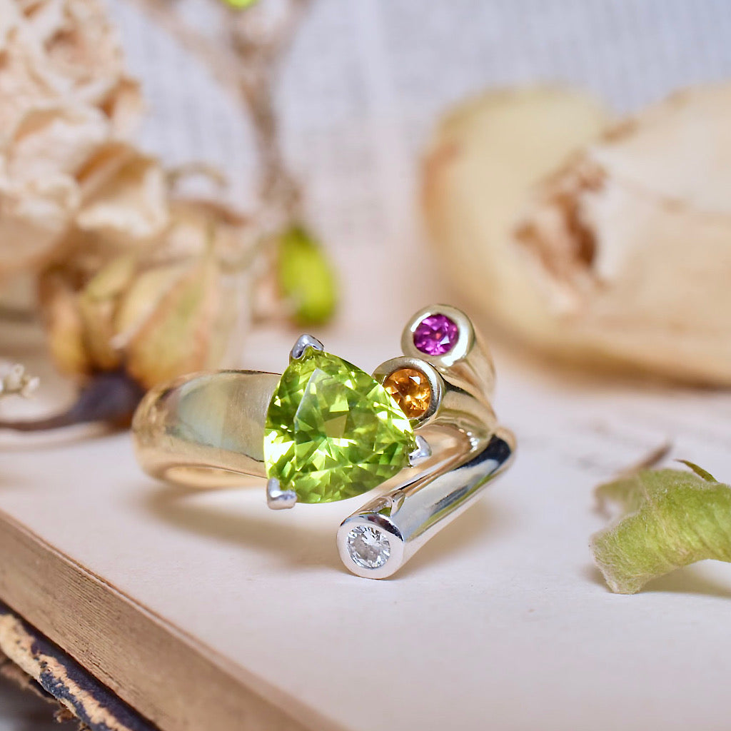 Modern 9ct Yellow Gold Peridot Garnet Citrine Diamond Dress Ring
