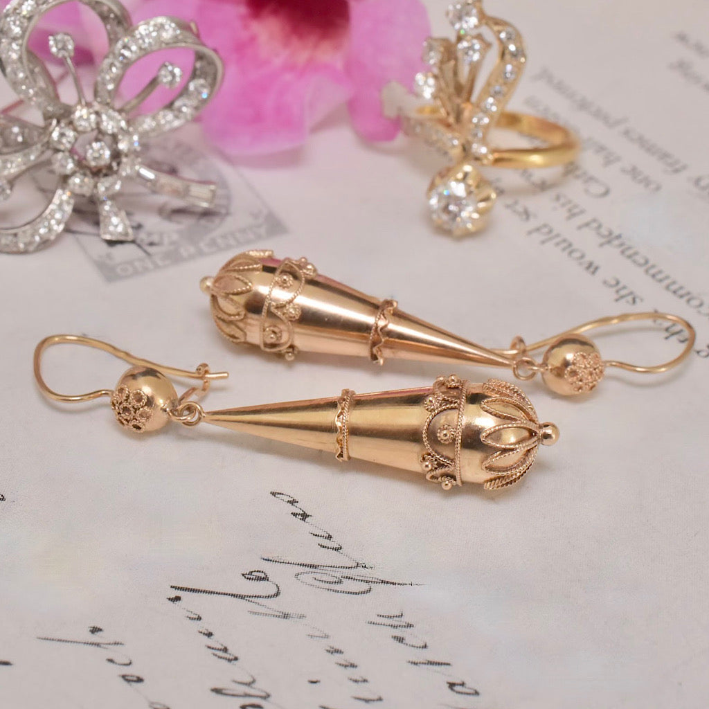 Modern 9ct Rose Gold Etruscan Revival Torpedo Drop Earrings