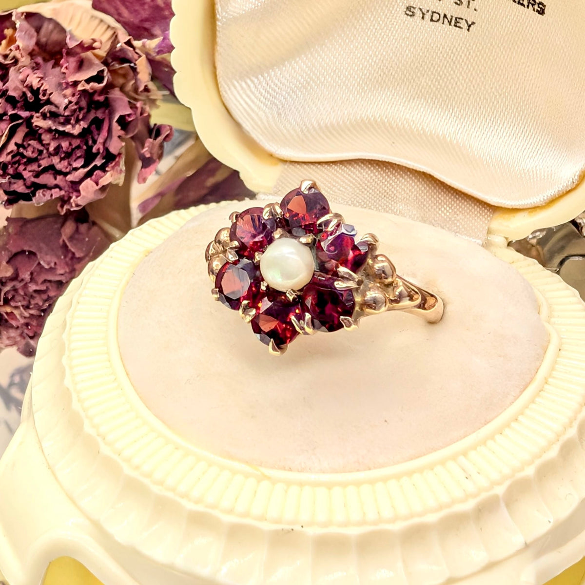 Superb Vintage 9ct Yellow Gold Garnet & Pearl ‘Daisy’ Halo Cluster - Birmingham 1961