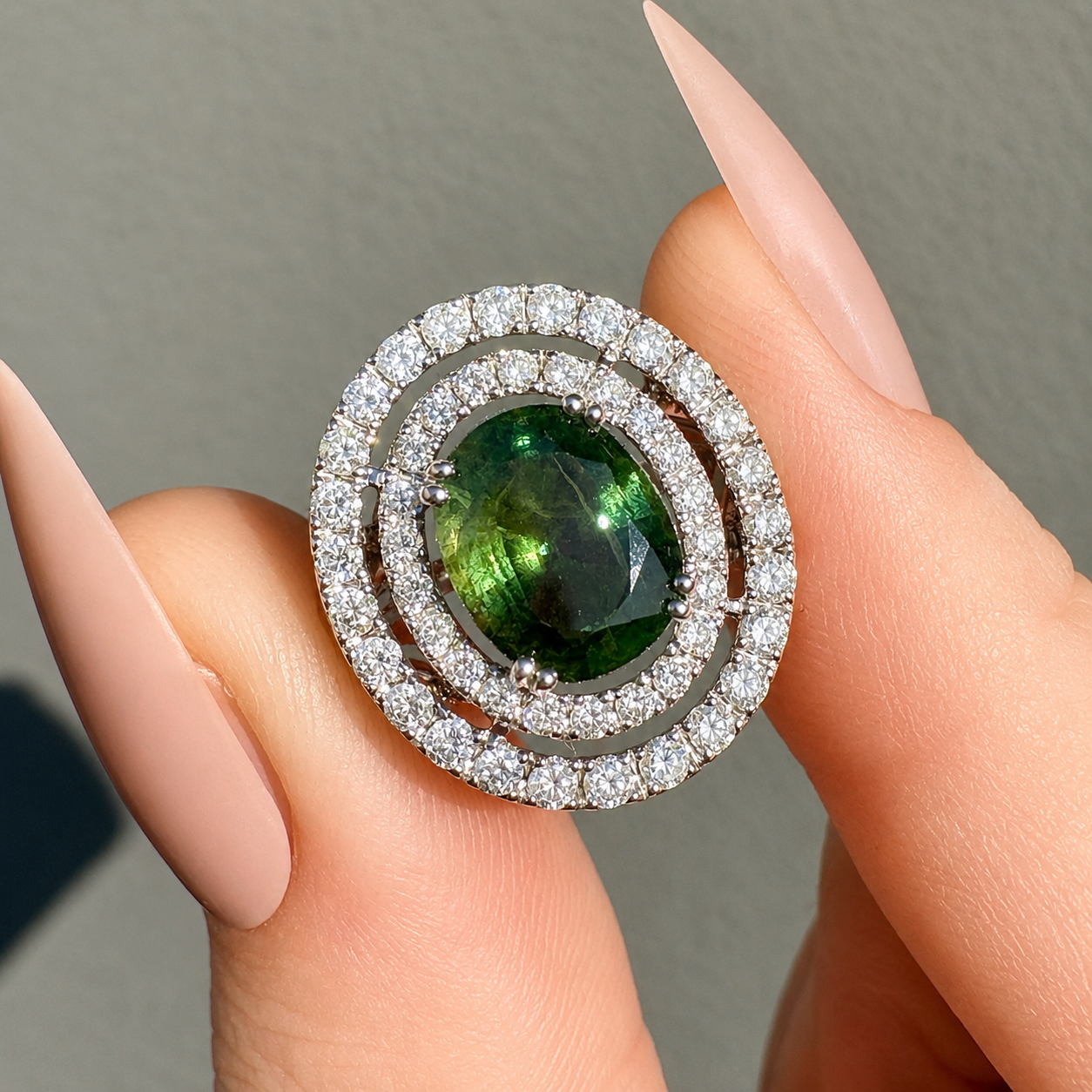 Stunning Contemporary 14ct White Gold Green Sapphire & Diamond Double Halo Ring. Independent Gemmological Valuation included $16,100 AUD