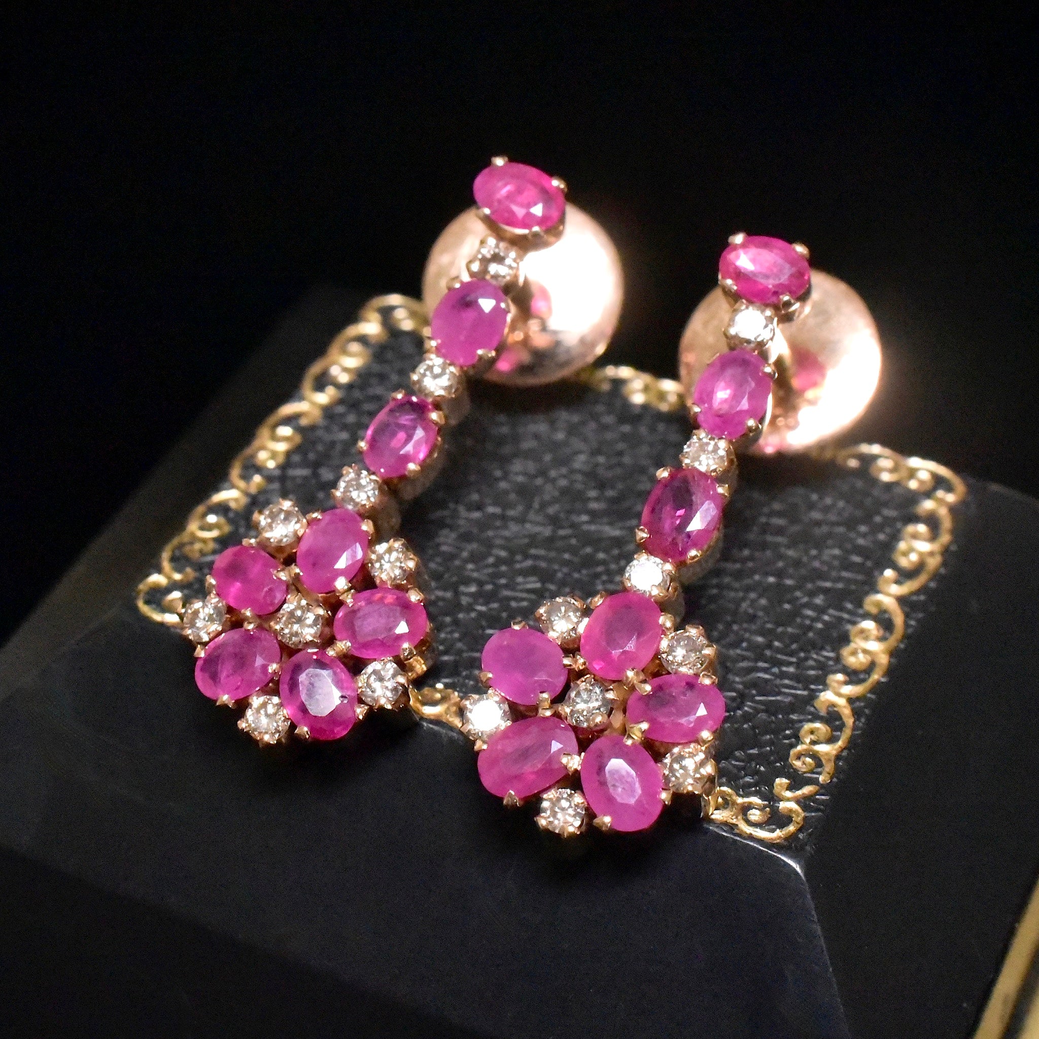 Fabulous 14ct Rose Gold Ruby And Champagne Diamond Earrings