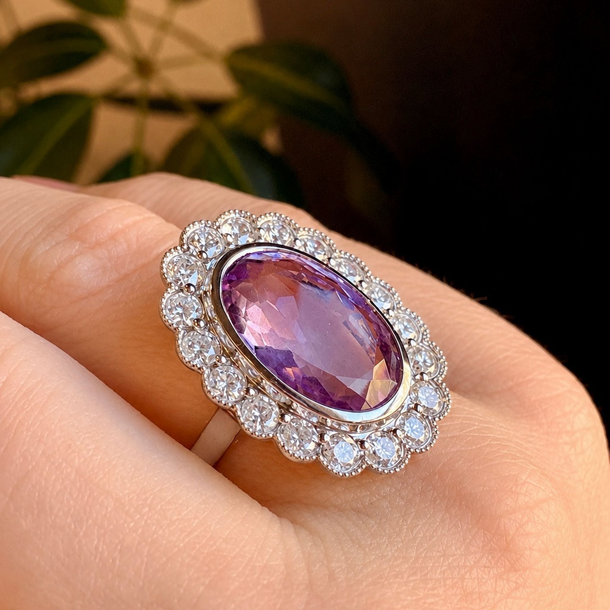 Superb 14ct White Gold Amethyst and Diamond Halo Ring Complete with an Independent Gemmological Valuation for $13,500 AUD