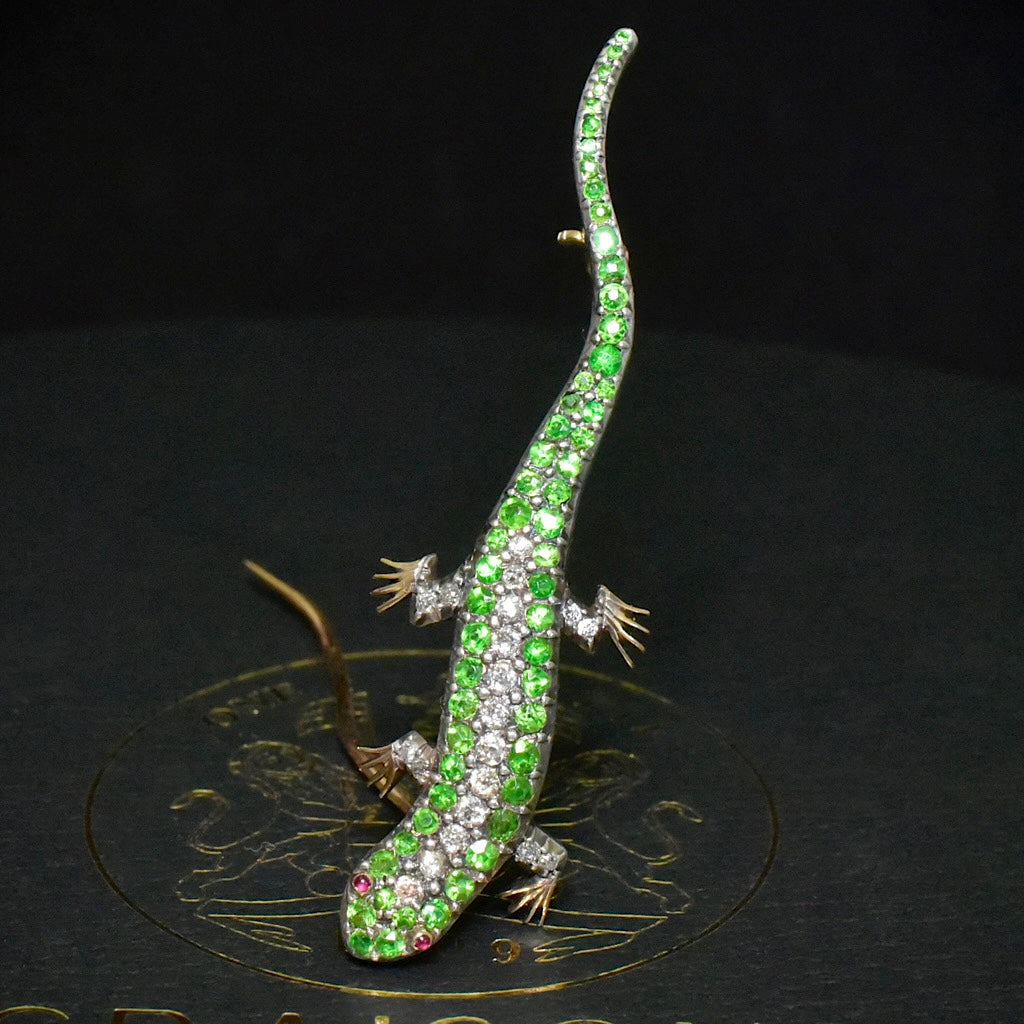 Antique Victorian 14ct Gold Demantoid And Diamond ‘Salamander’ Brooch Circa 1880-90