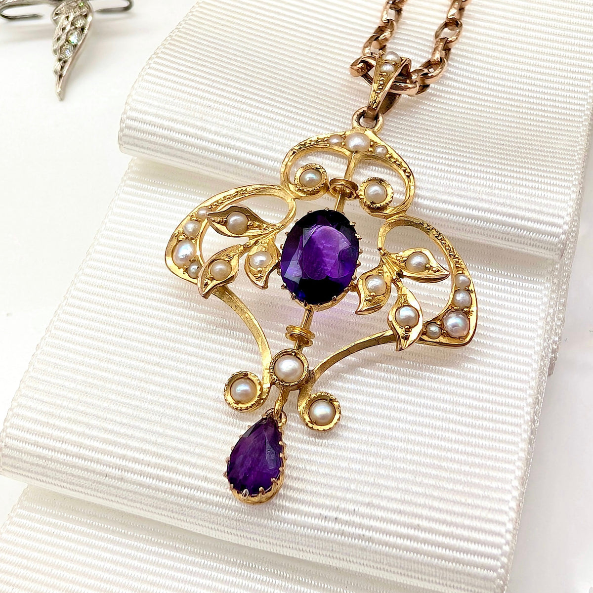 Antique Edwardian 9ct Yellow Gold Amethyst And Seed Pearl Pendant Circa 1910