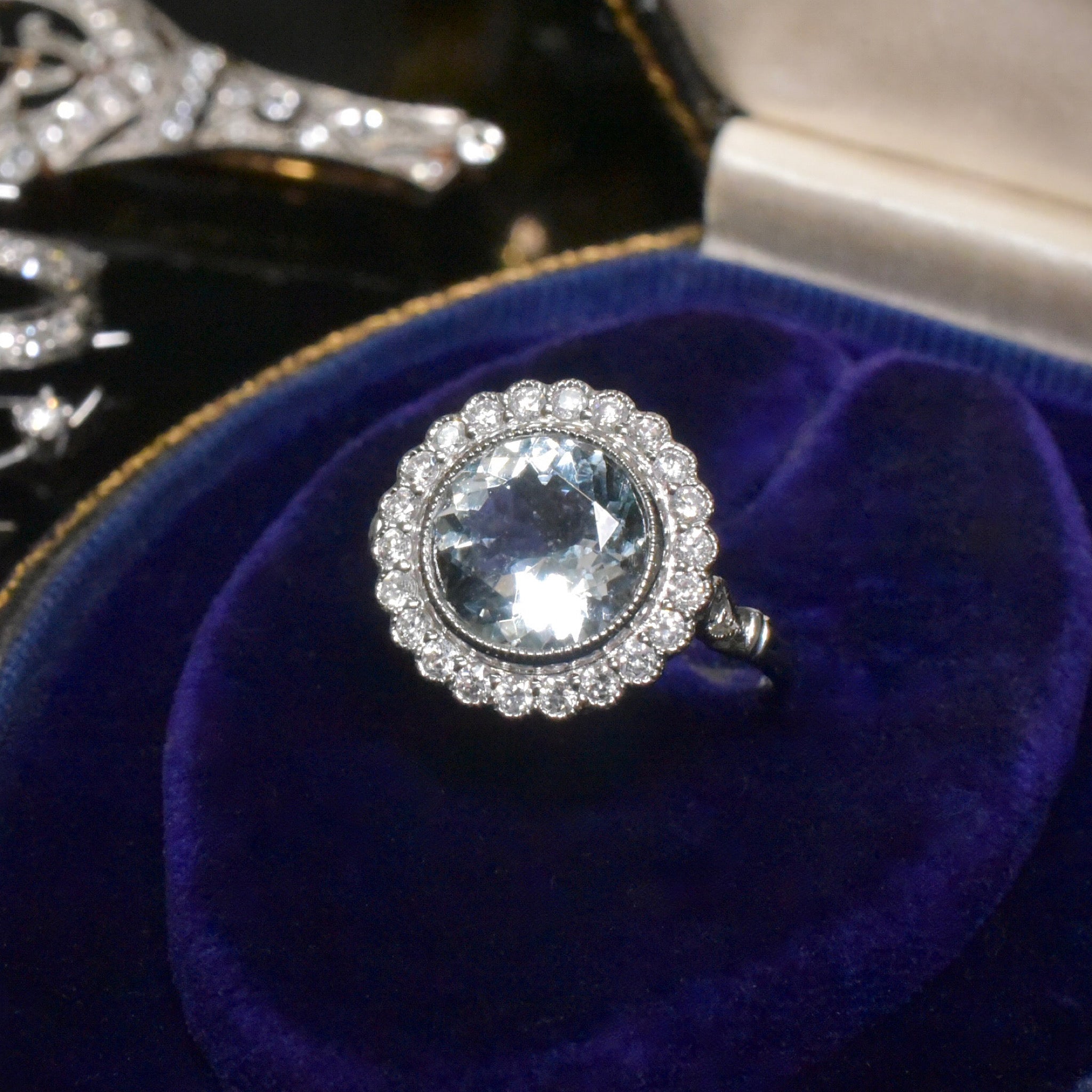 Modern 14ct White Gold Aquamarine And Diamond Daisy Halo Cluster