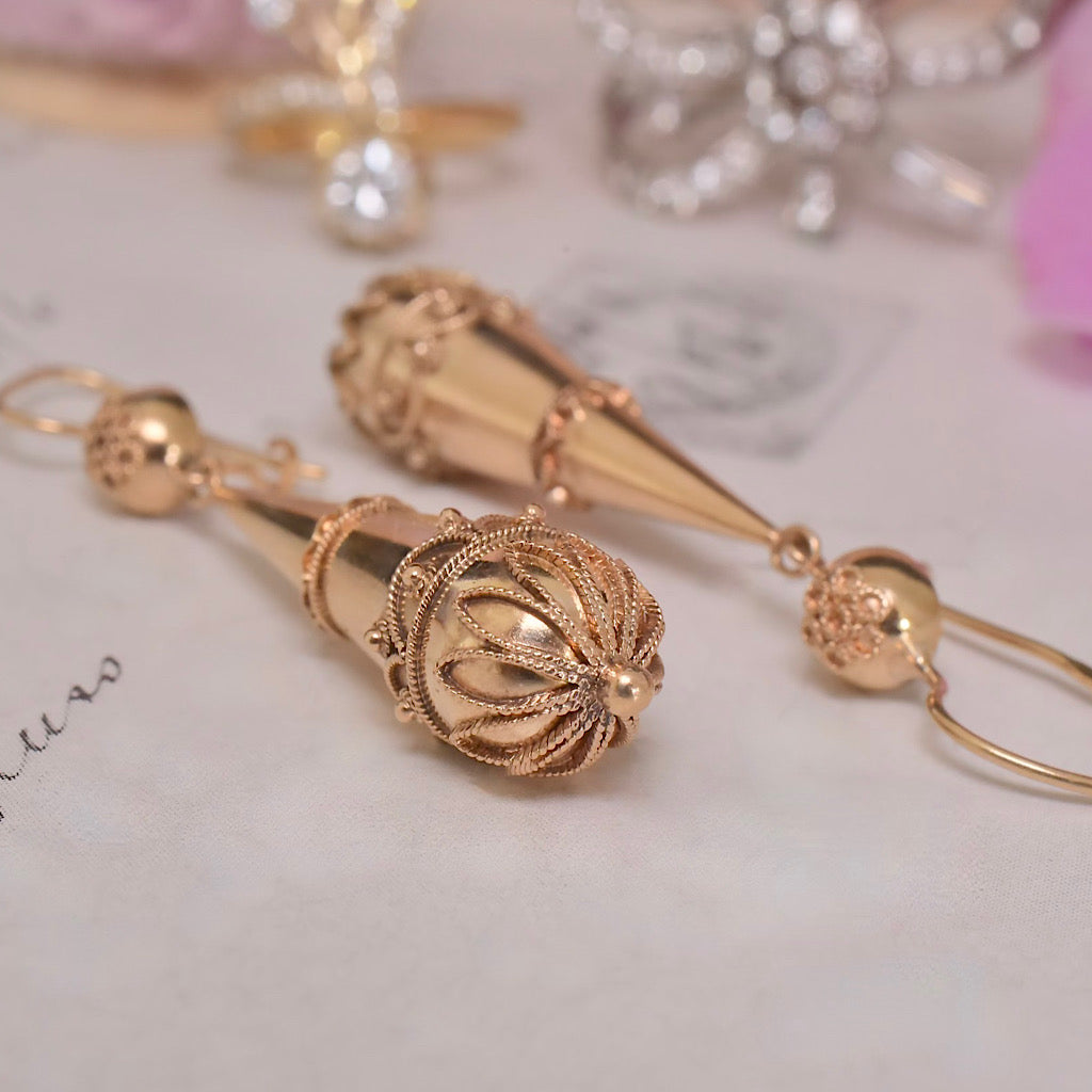 Modern 9ct Rose Gold Etruscan Revival Torpedo Drop Earrings