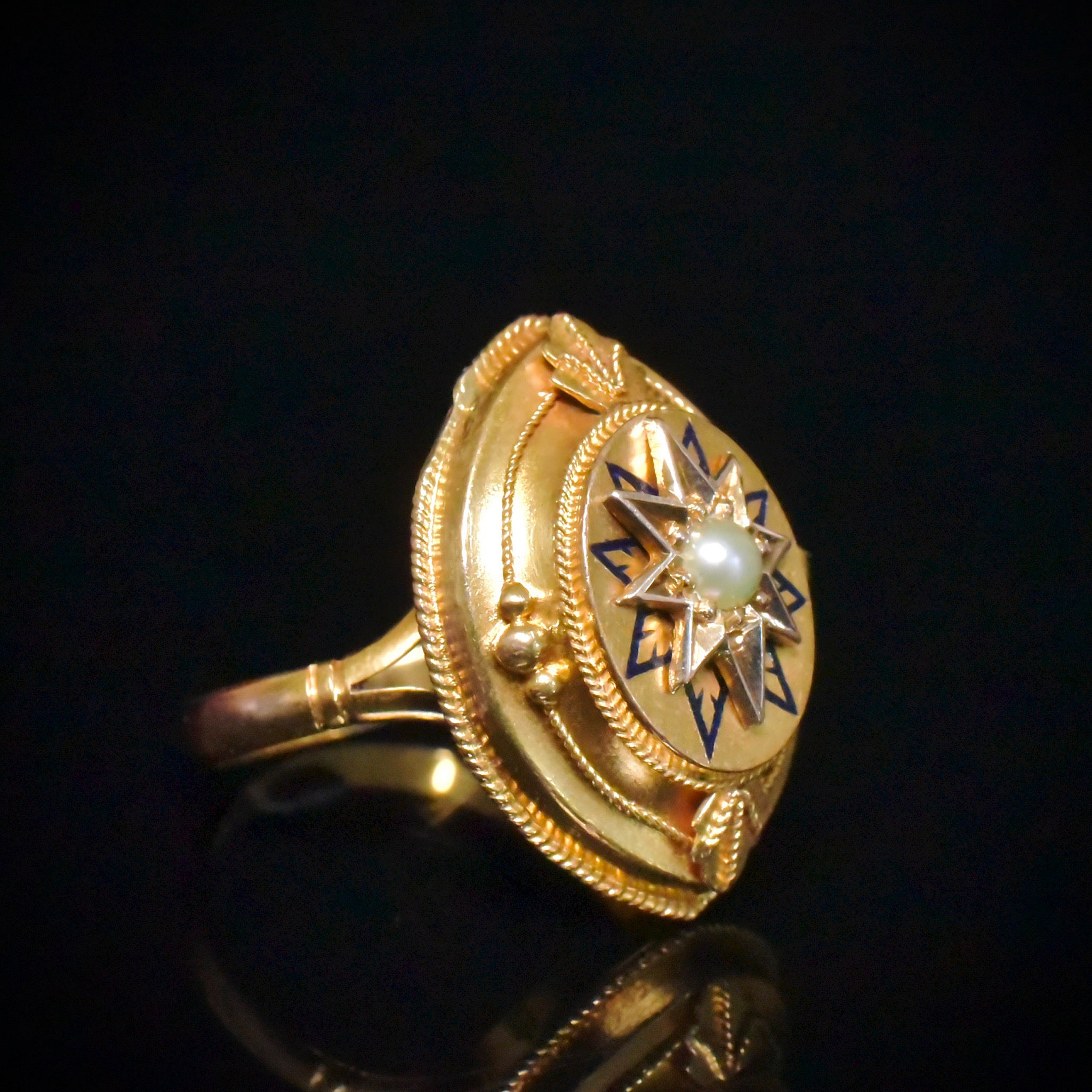 Antique Victorian Etruscan Revival 9ct And 15ct Yellow Gold Pearl & Enamel Ring Circa 1870-1885