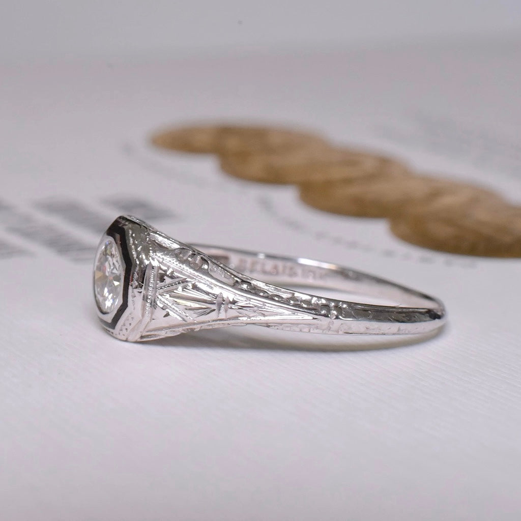 Antique Art Deco 18K White Gold Diamond Solitaire Ring By ‘Belais’ Circa 1920 Independent Insurance Valuation Included For $9,000 AUD