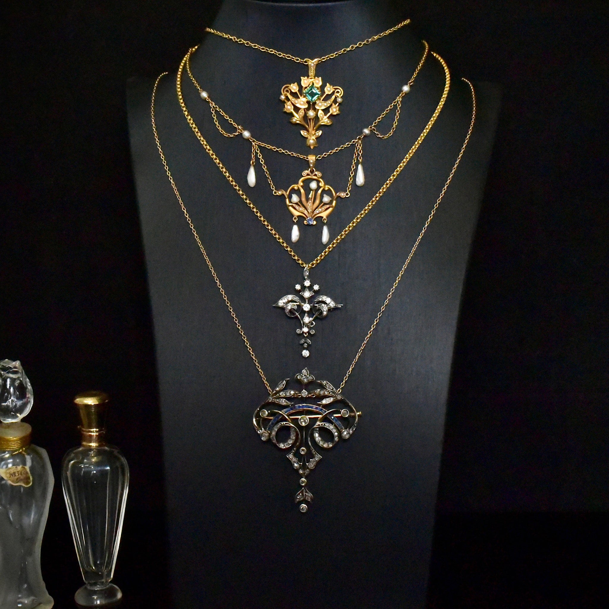 Antique Art Nouveau 14ct Yellow Gold Sapphire And Pearl Necklace Circa 1890-1910