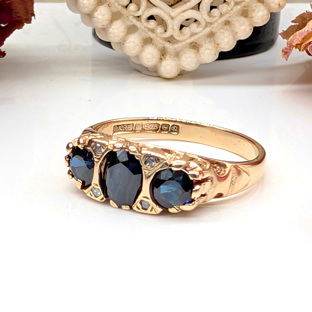 Vintage 9ct Yellow Gold Sapphire and Diamond Bridge Ring Birmingham 1978