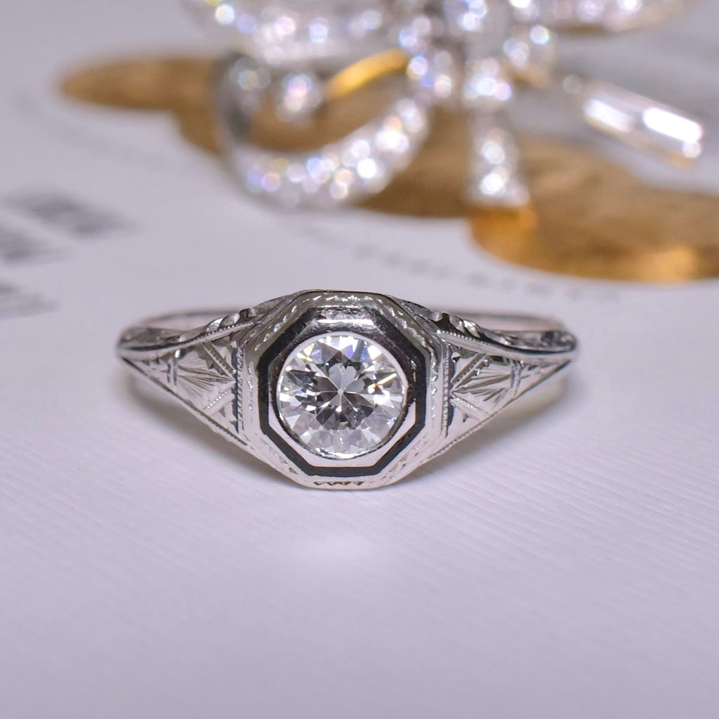 Antique Art Deco 18K White Gold Diamond Solitaire Ring By ‘Belais’ Circa 1920 Independent Insurance Valuation Included For $9,000 AUD