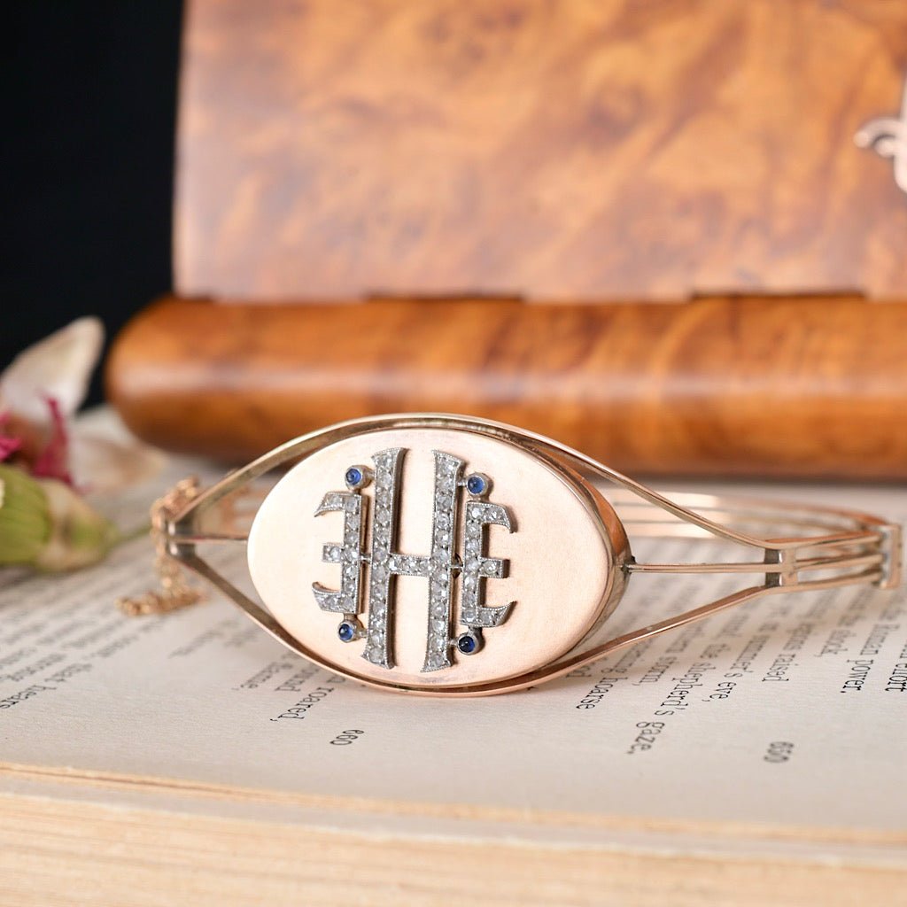 Antique Edwardian 9ct Rose Gold Diamond And Sapphire Monogram Bangle Circa 1910
