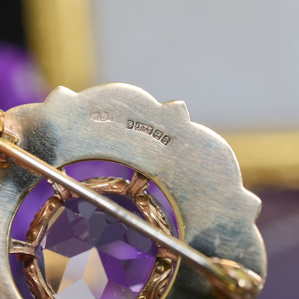 Vintage 9ct Yellow Gold Lilac Amethyst Brooch - Birmingham 1964