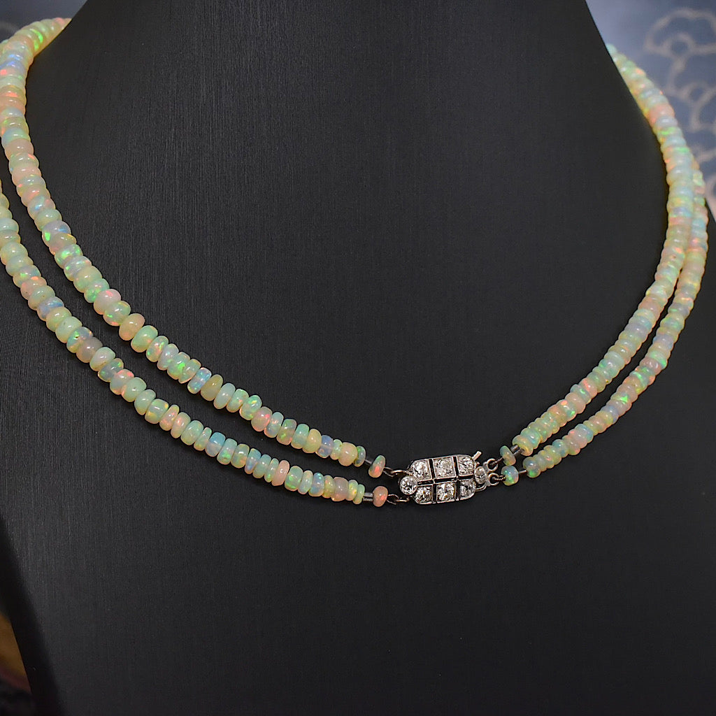 Vintage 18ct Gold And Diamond Ethiopian Opal Two Strand Necklace