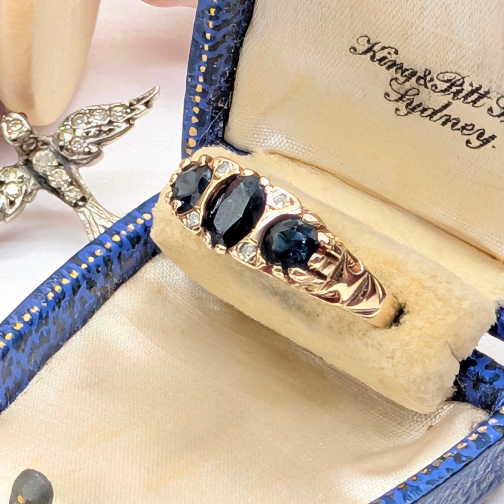 Vintage 9ct Yellow Gold Sapphire and Diamond Bridge Ring Birmingham 1978