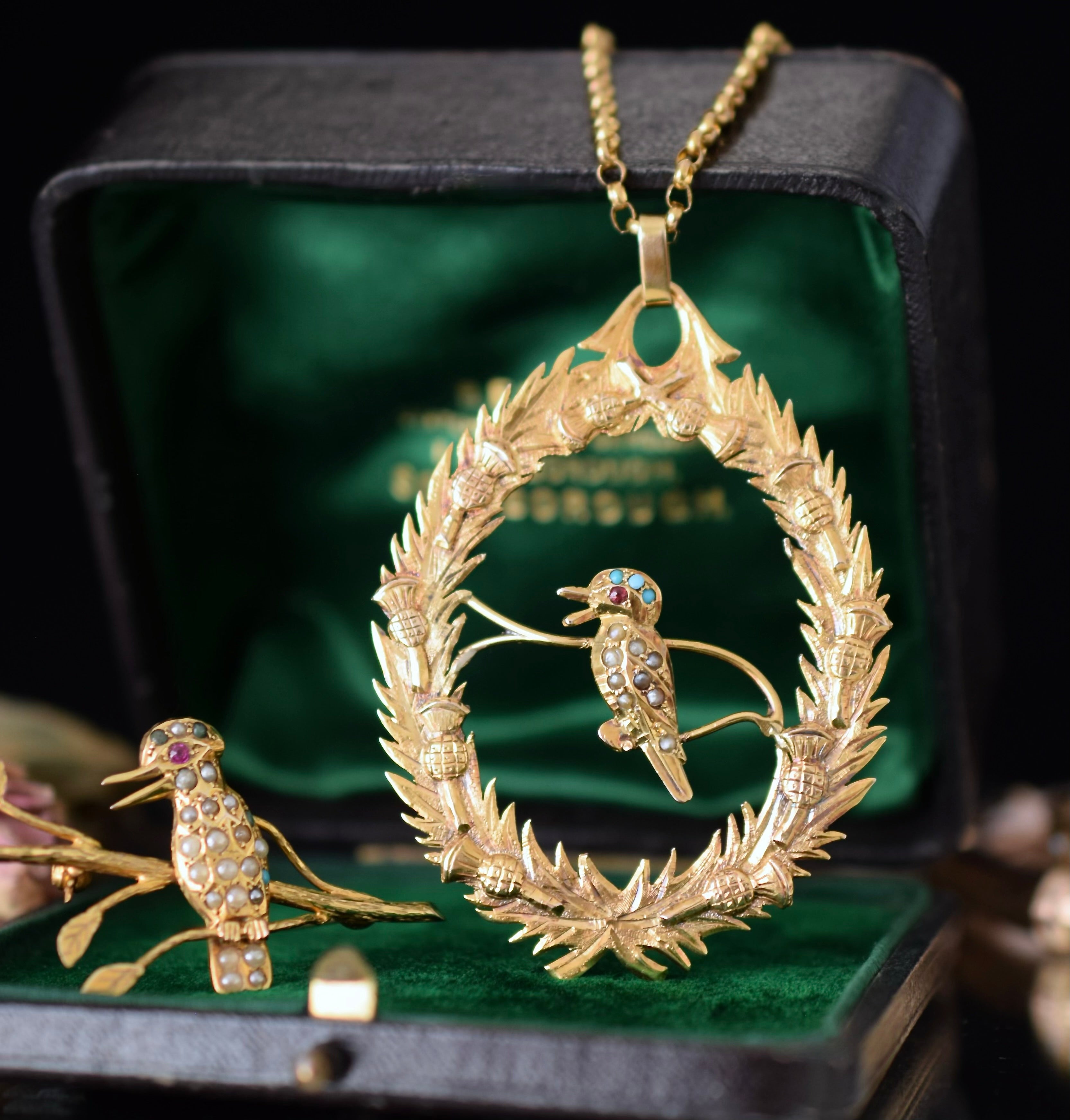 Antique Australian 9ct Yellow Gold Kookaburra And Thistle Pendant By Aronson & Co Circa 1900