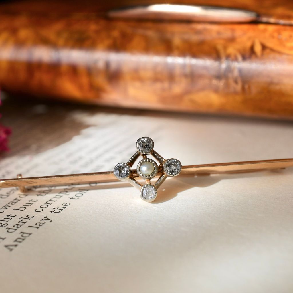 Antique Edwardian 15ct Rose Gold Pearl And Diamond Bar Brooch