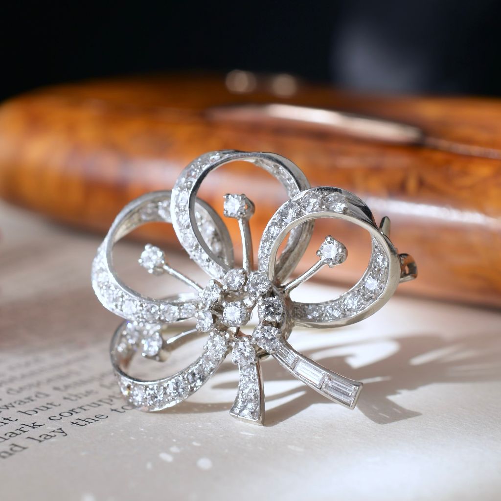 Antique Art Deco-Retro Era Platinum And Diamond ‘Bow’ Brooch Circa 1940 Independent Gemological Valuation Included $10595.00 AUD
