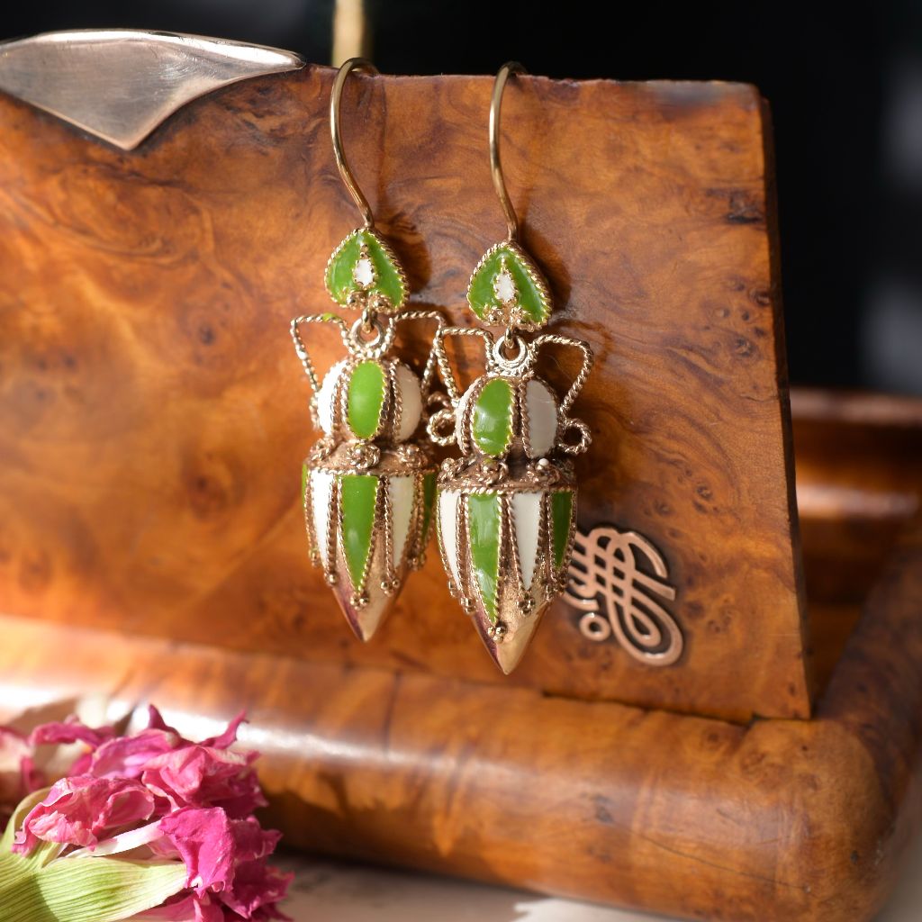 Modern - Antique Style - 9ct Yellow Gold Enamel ‘Amphora’ Earrings