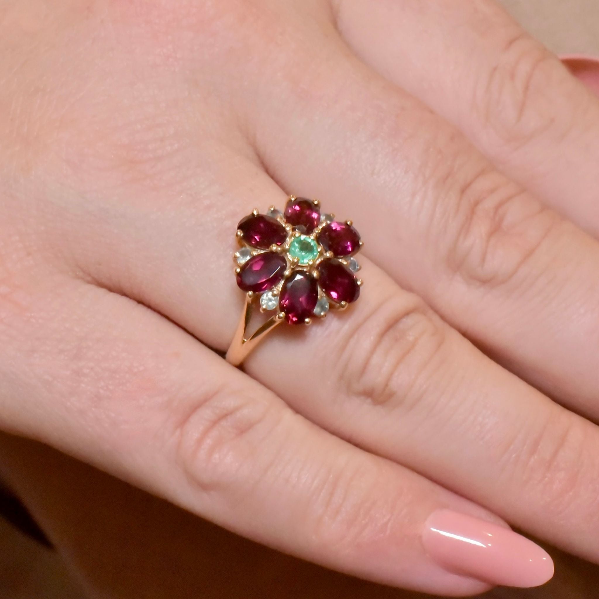 Contemporary 9ct Yellow Gold Garnet, Emerald, Topaz Daisy Halo Ring