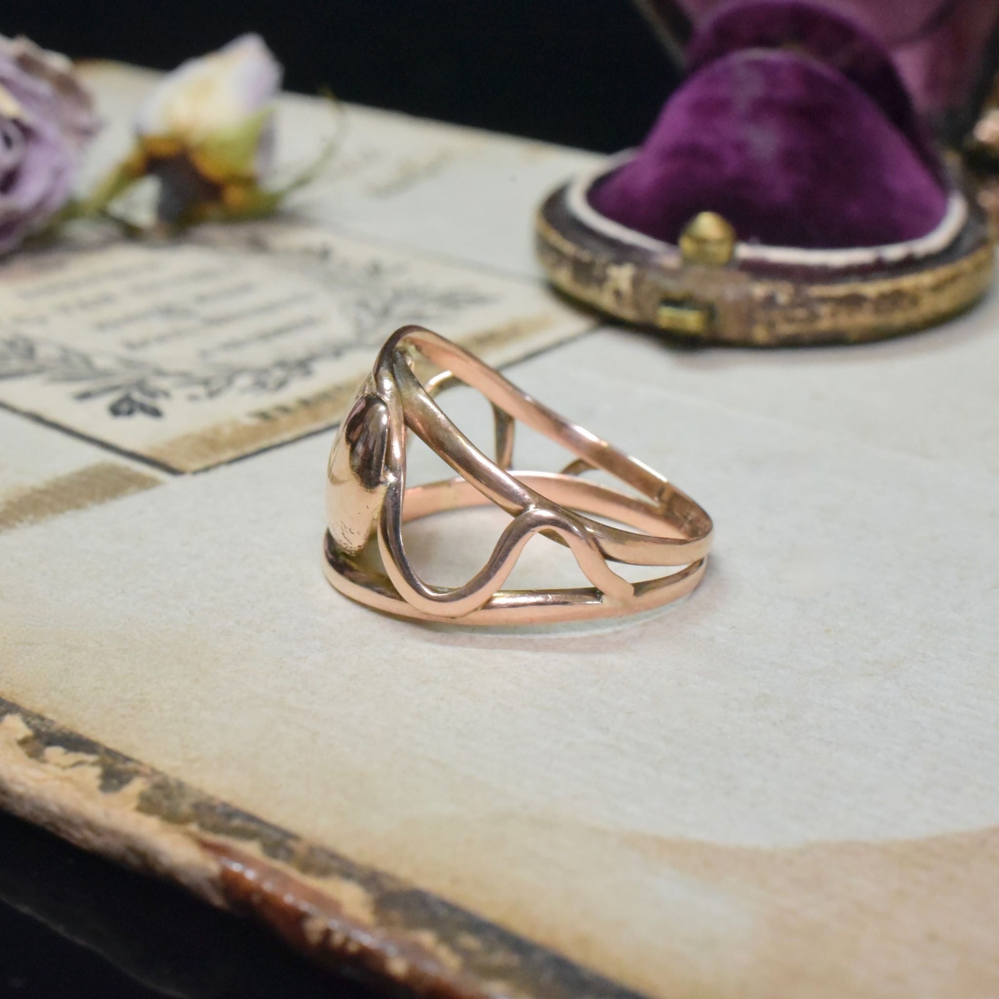 Antique Edwardian 9ct Rose Gold Double Serpent Ring - Chester 1912