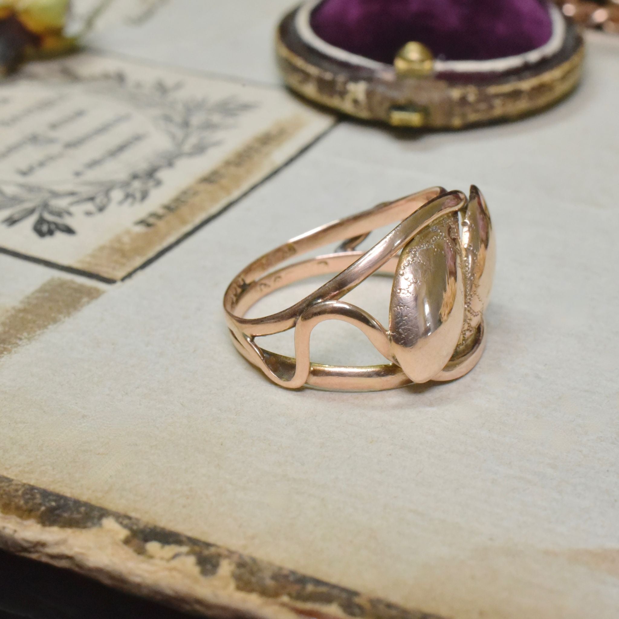 Antique Edwardian 9ct Rose Gold Double Serpent Ring - Chester 1912