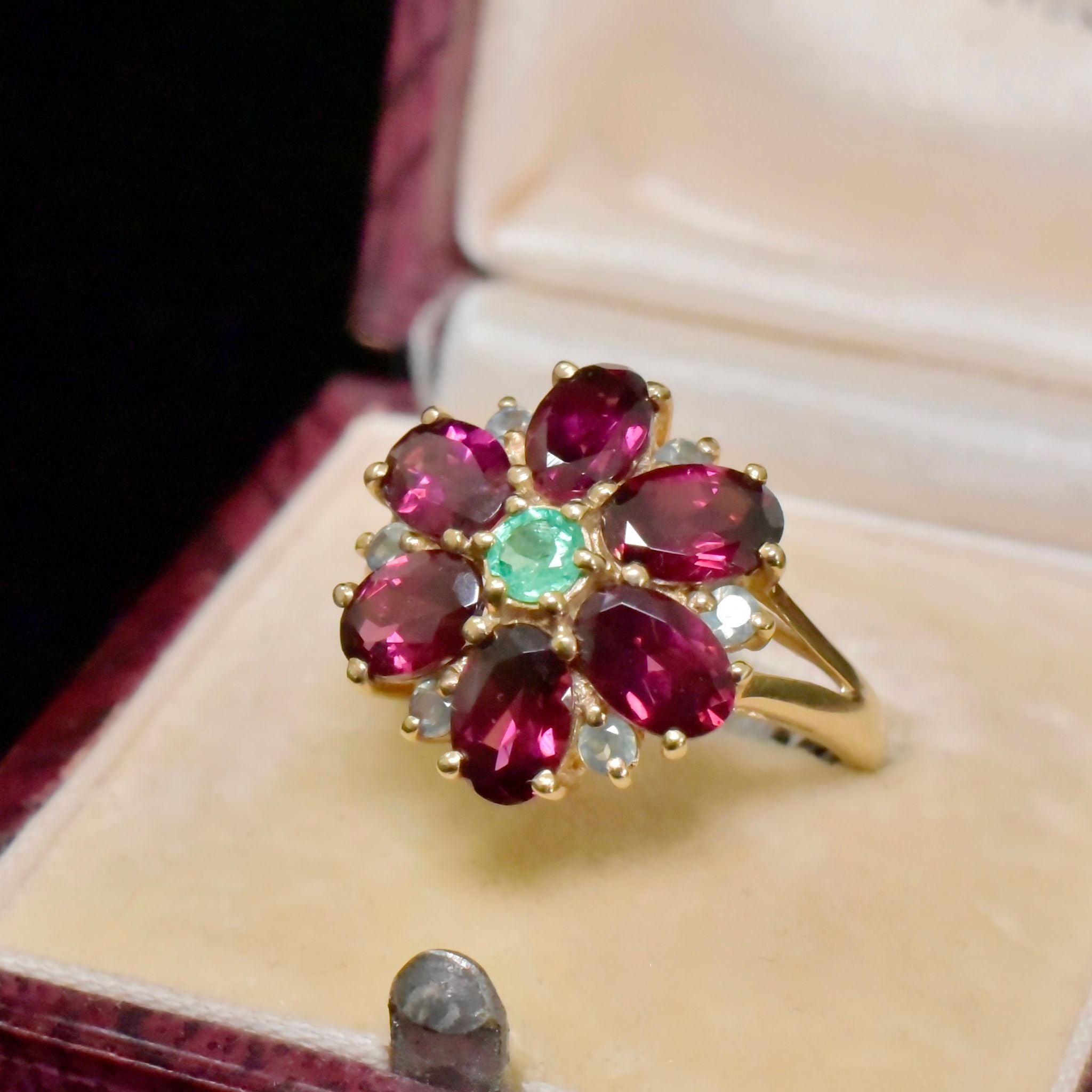 Contemporary 9ct Yellow Gold Garnet, Emerald, Topaz Daisy Halo Ring