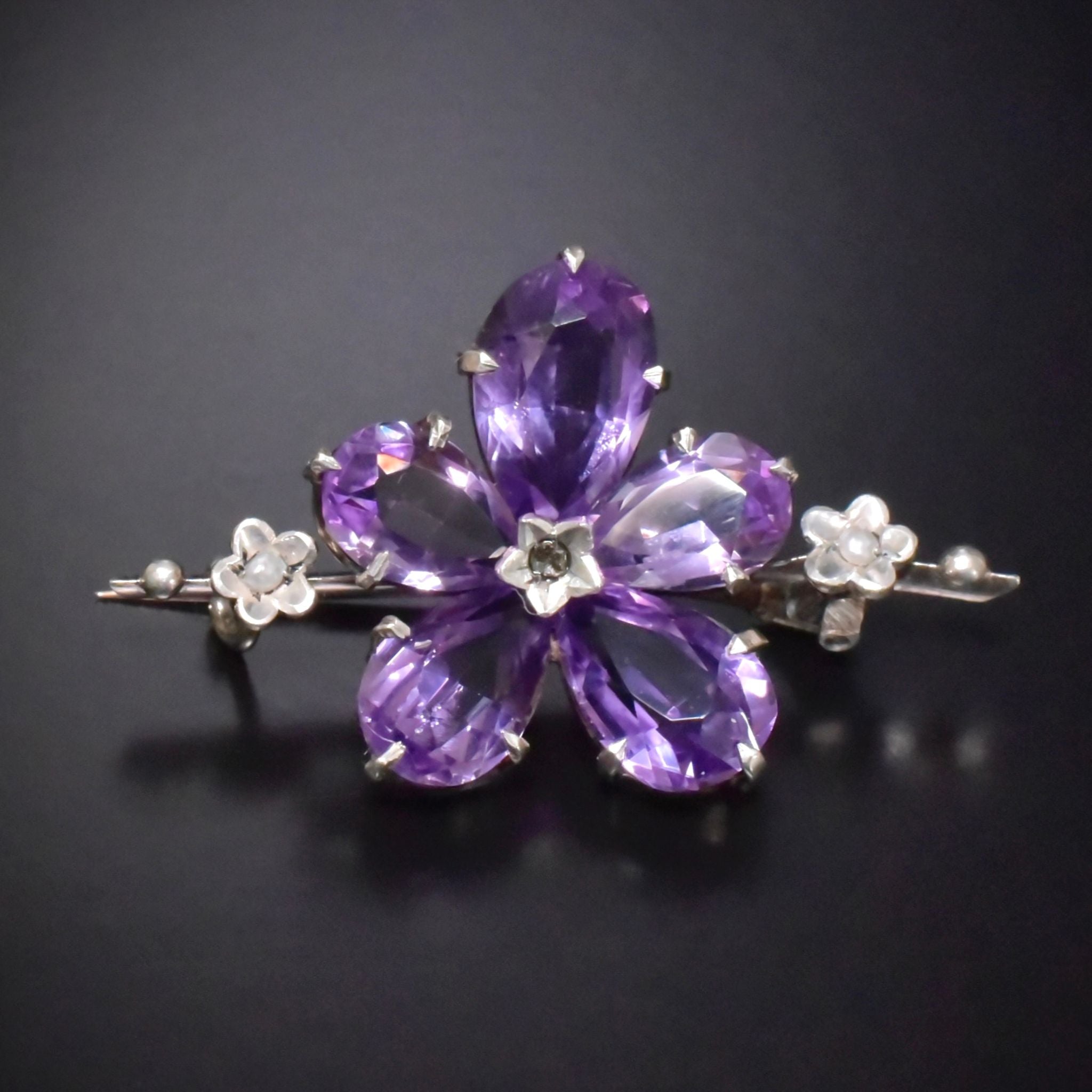 Antique Victorian Silver & Gold Gilt Amethyst, Diamond & Pearl ‘Pansy’ Brooch