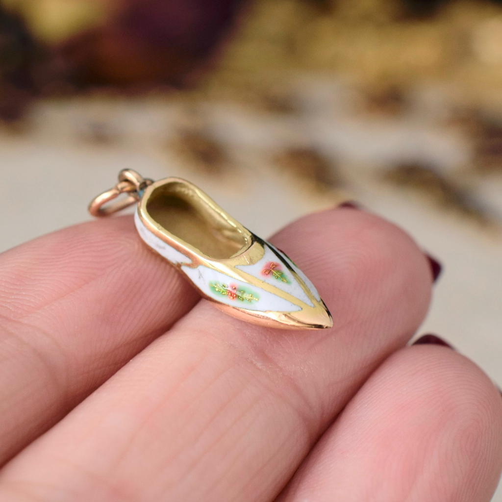 Vintage 14ct Rose Gold Enamel ‘Slipper’ Pendant / Charm