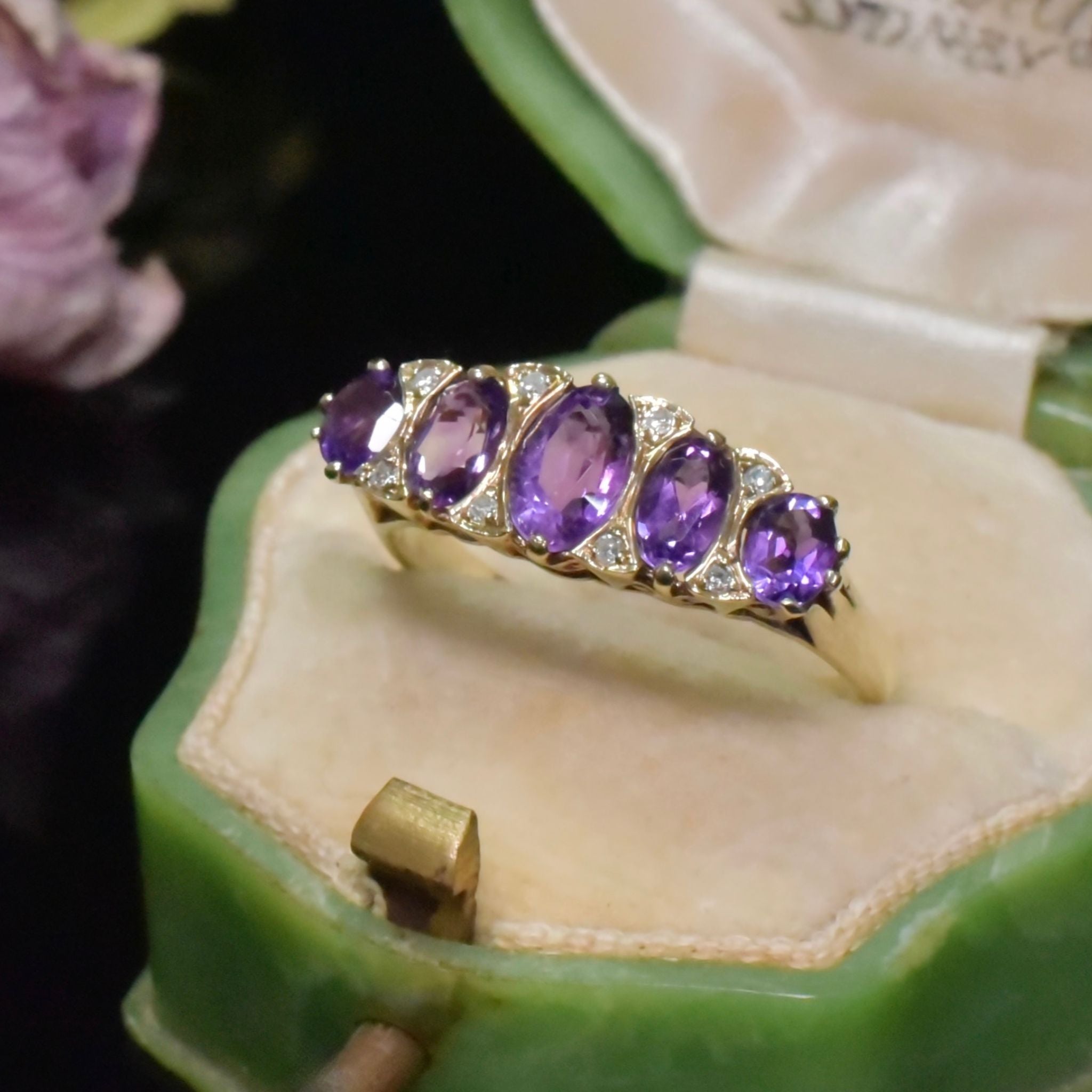Vintage 9ct Yellow Gold Amethyst And Diamond Bridge Ring