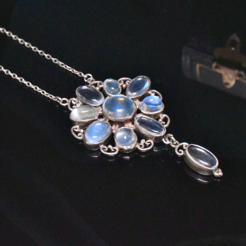 Antique Arts And Crafts Era Sterling Silver And Moonstone Floral Necklace Circa 1920