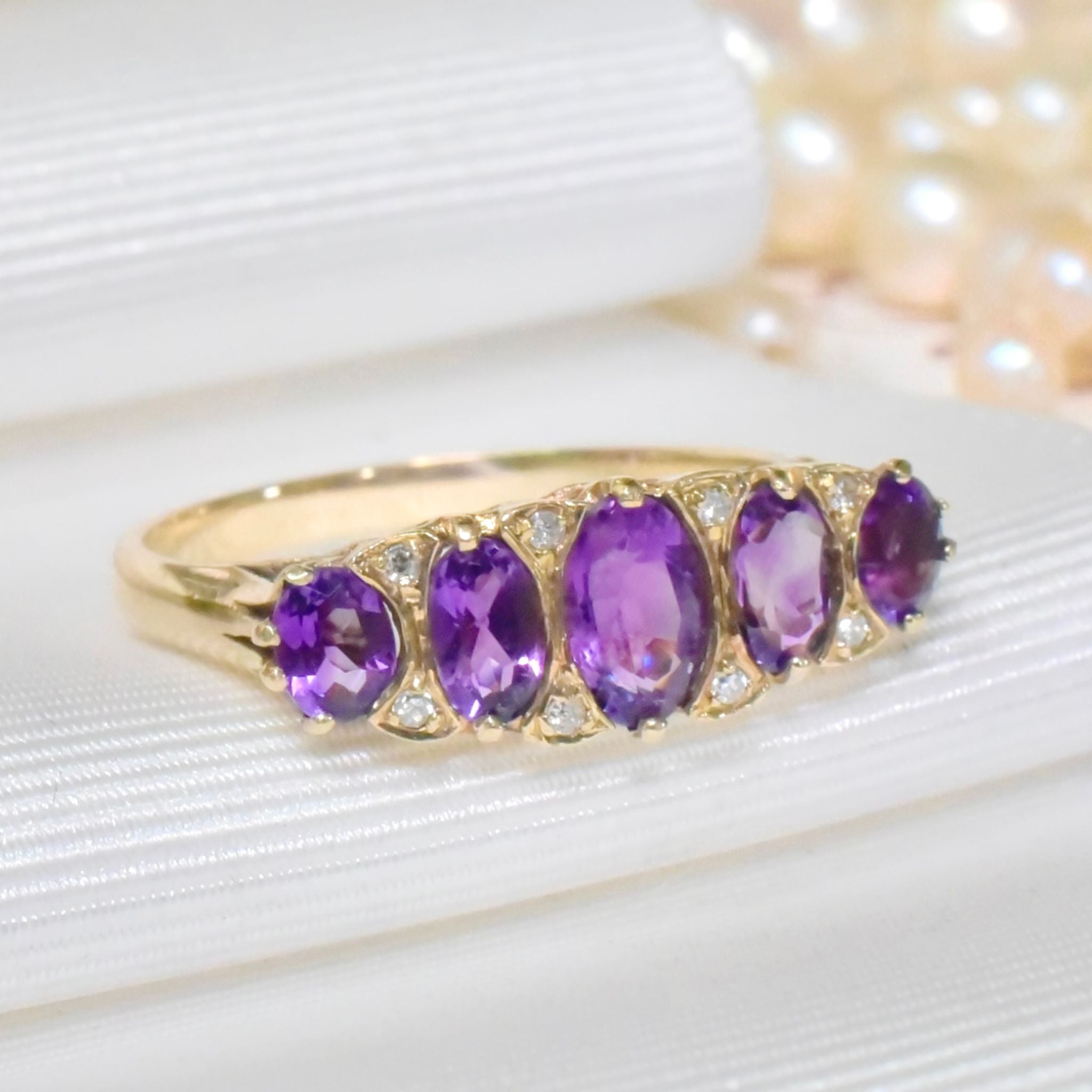 Vintage 9ct Yellow Gold Amethyst And Diamond Bridge Ring