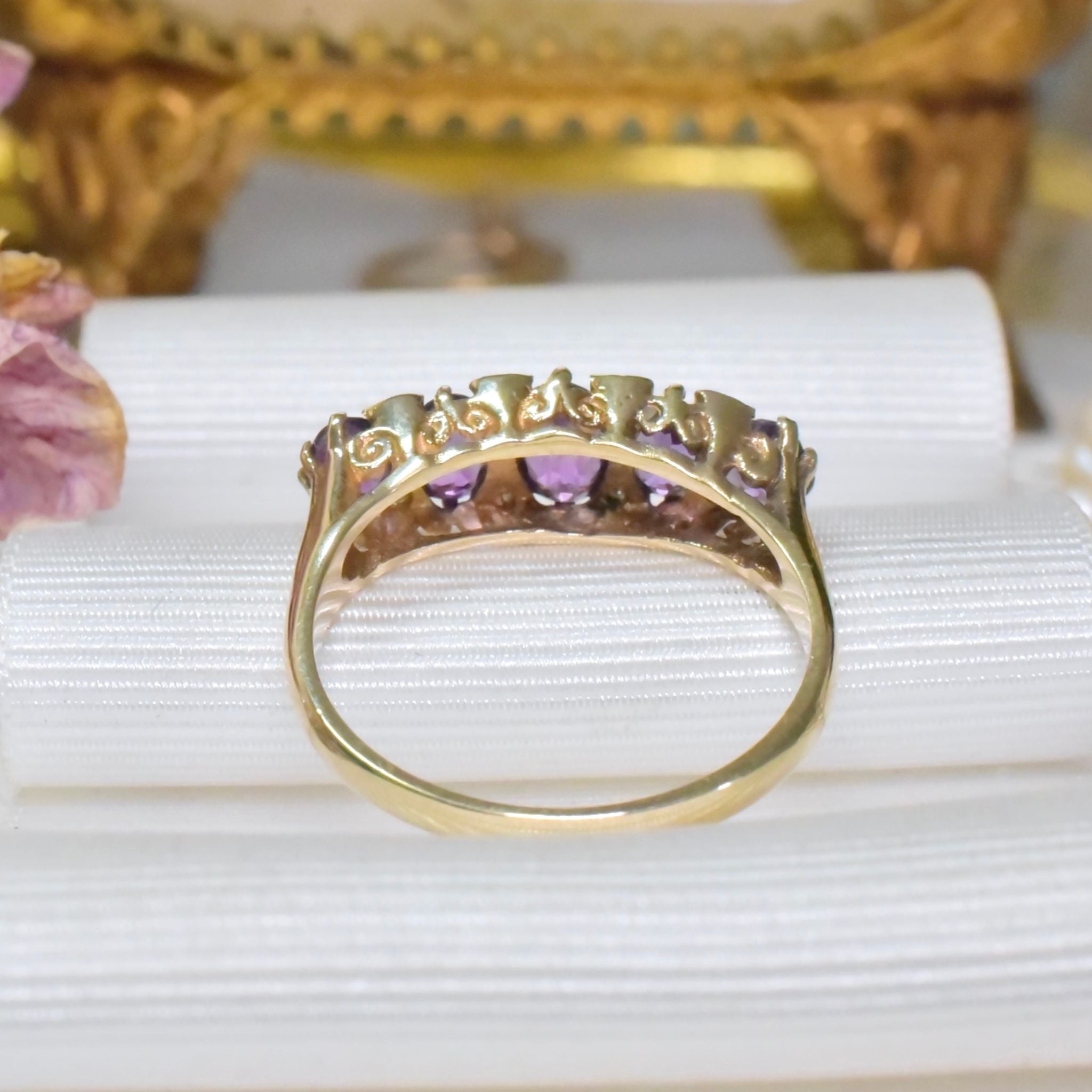 Vintage 9ct Yellow Gold Amethyst And Diamond Bridge Ring