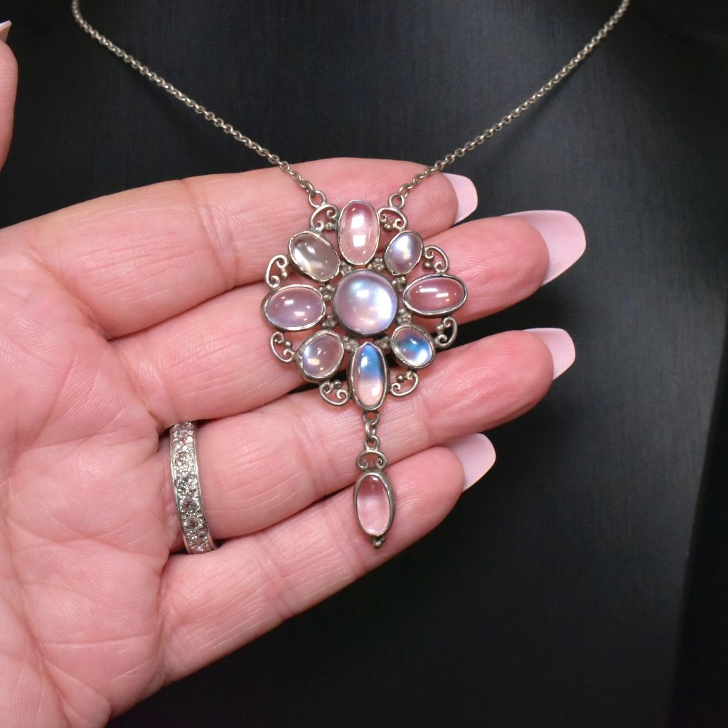 Antique Arts And Crafts Era Sterling Silver And Moonstone Floral Necklace Circa 1920