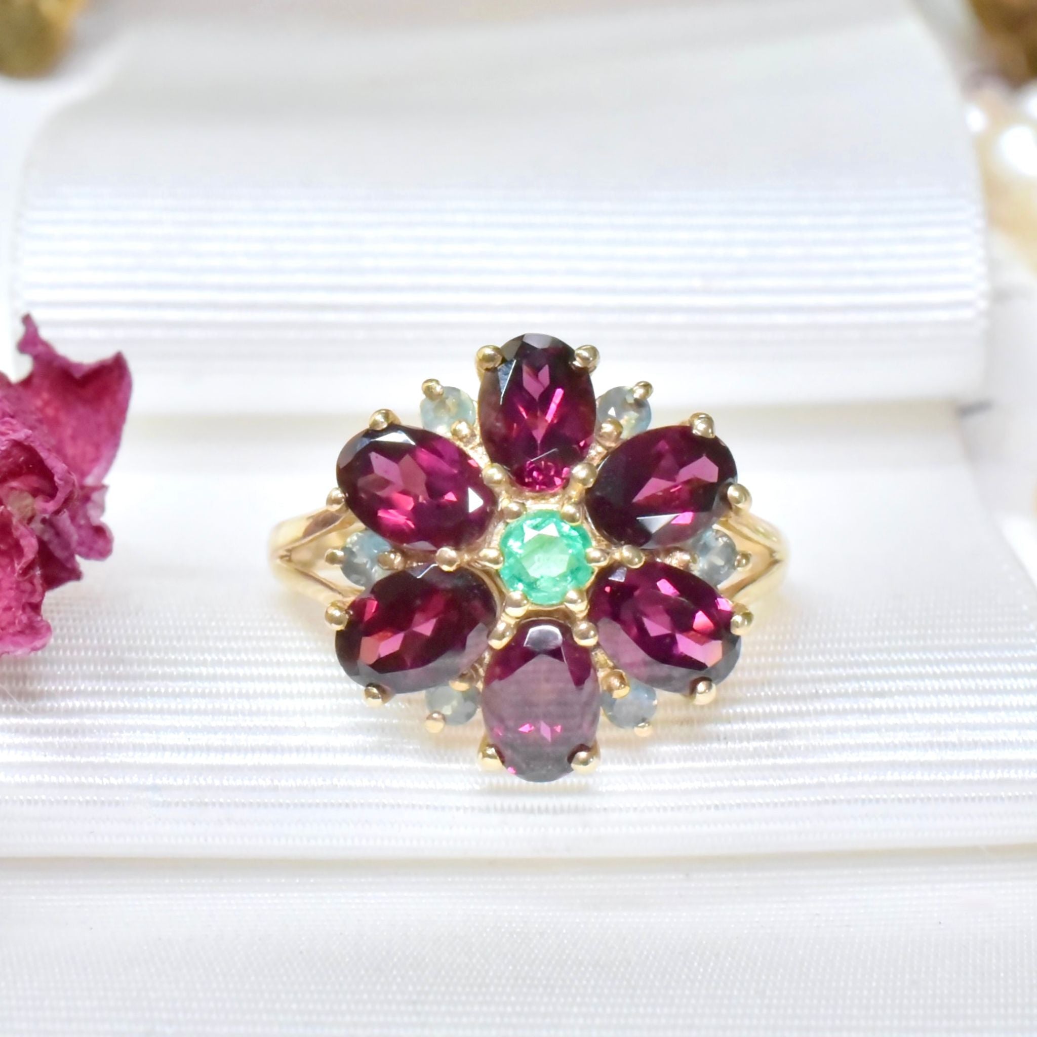 Contemporary 9ct Yellow Gold Garnet, Emerald, Topaz Daisy Halo Ring
