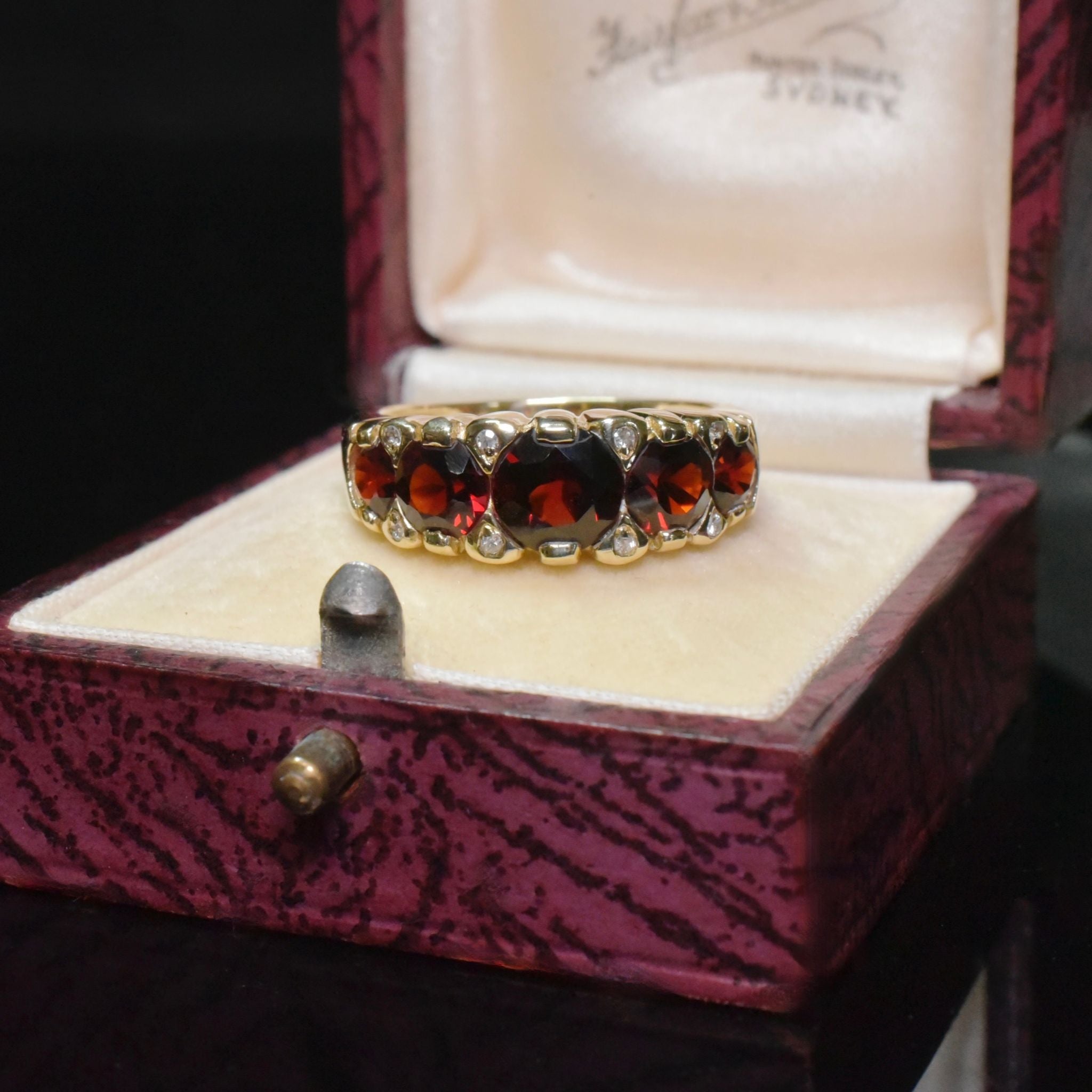 Modern 9ct Yellow Gold Garnet And Diamond ‘Half Hoop’ Ring - London 2000’s