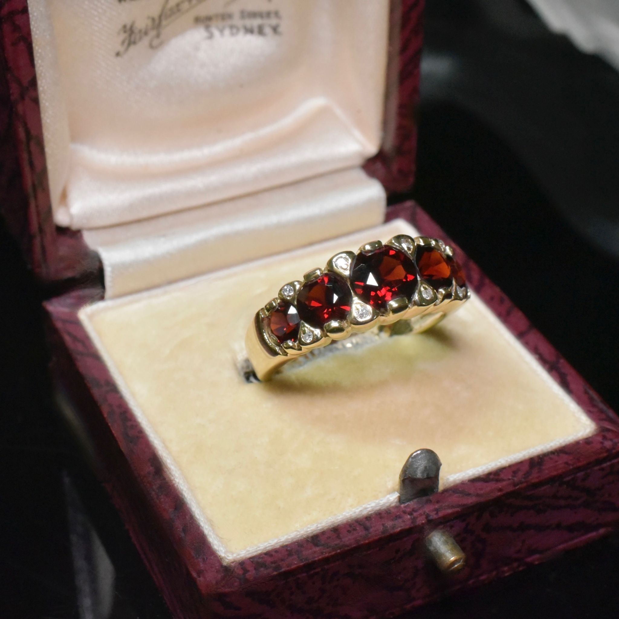 Modern 9ct Yellow Gold Garnet And Diamond ‘Half Hoop’ Ring - London 2000’s