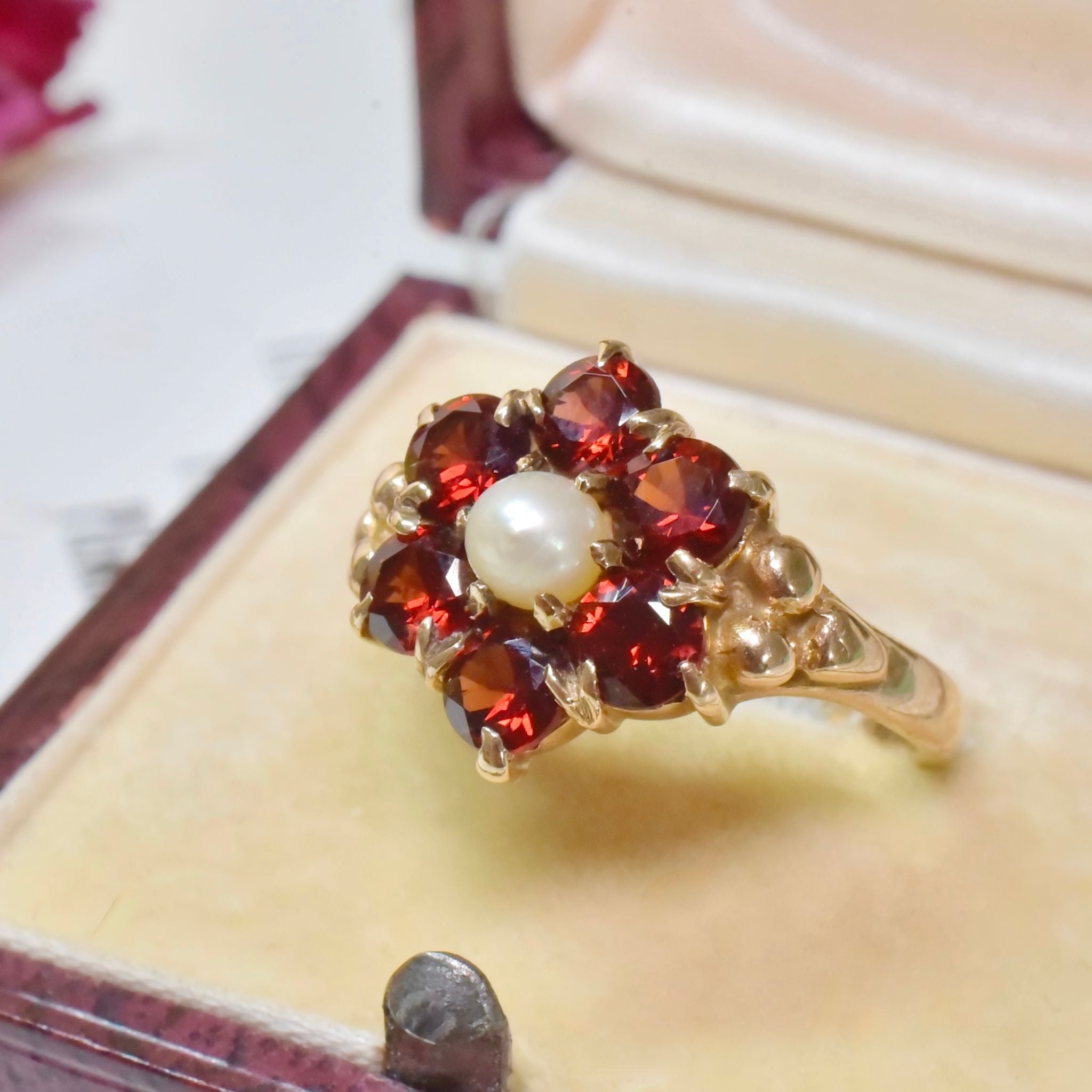 Superb Vintage 9ct Yellow Gold Garnet & Pearl ‘Daisy’ Halo Cluster - Birmingham 1961