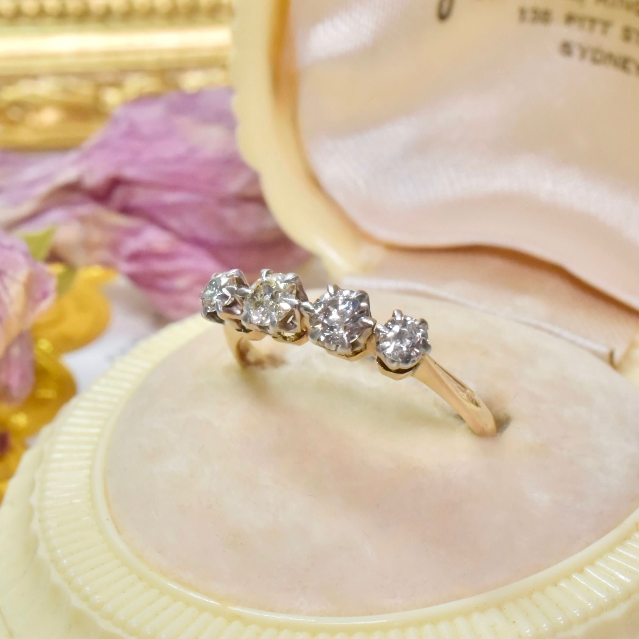 Antique Australian 18ct Yellow Gold Four Diamond Ring - Circa 1910-15