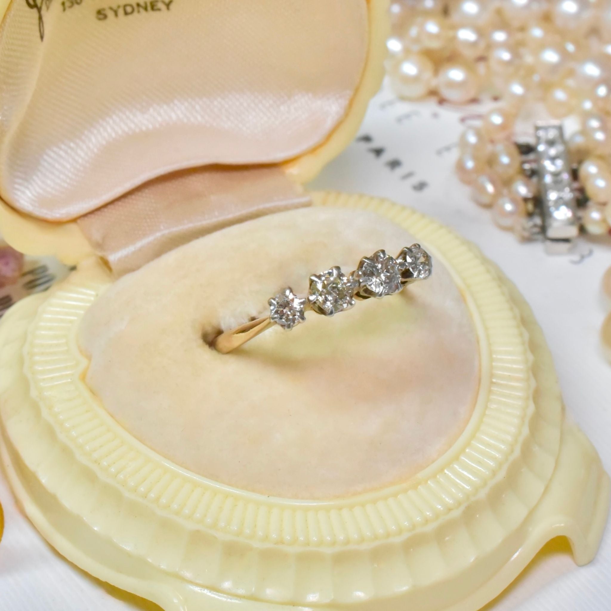 Antique Australian 18ct Yellow Gold Four Diamond Ring - Circa 1910-15