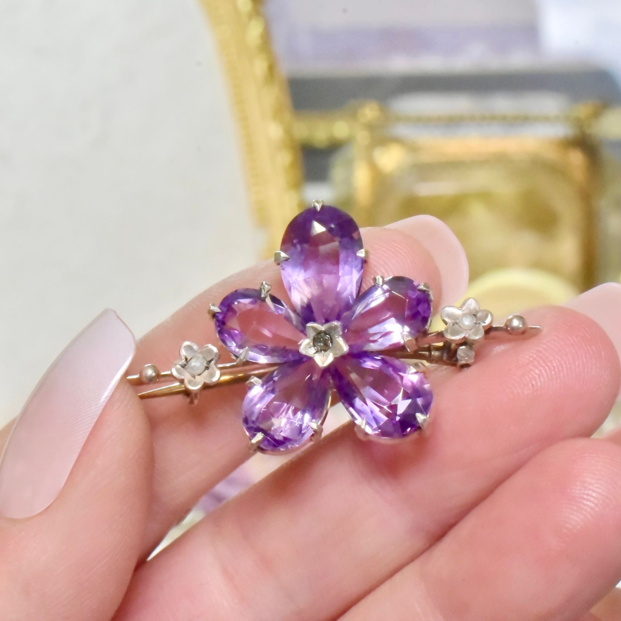 Antique Victorian Silver & Gold Gilt Amethyst, Diamond & Pearl ‘Pansy’ Brooch