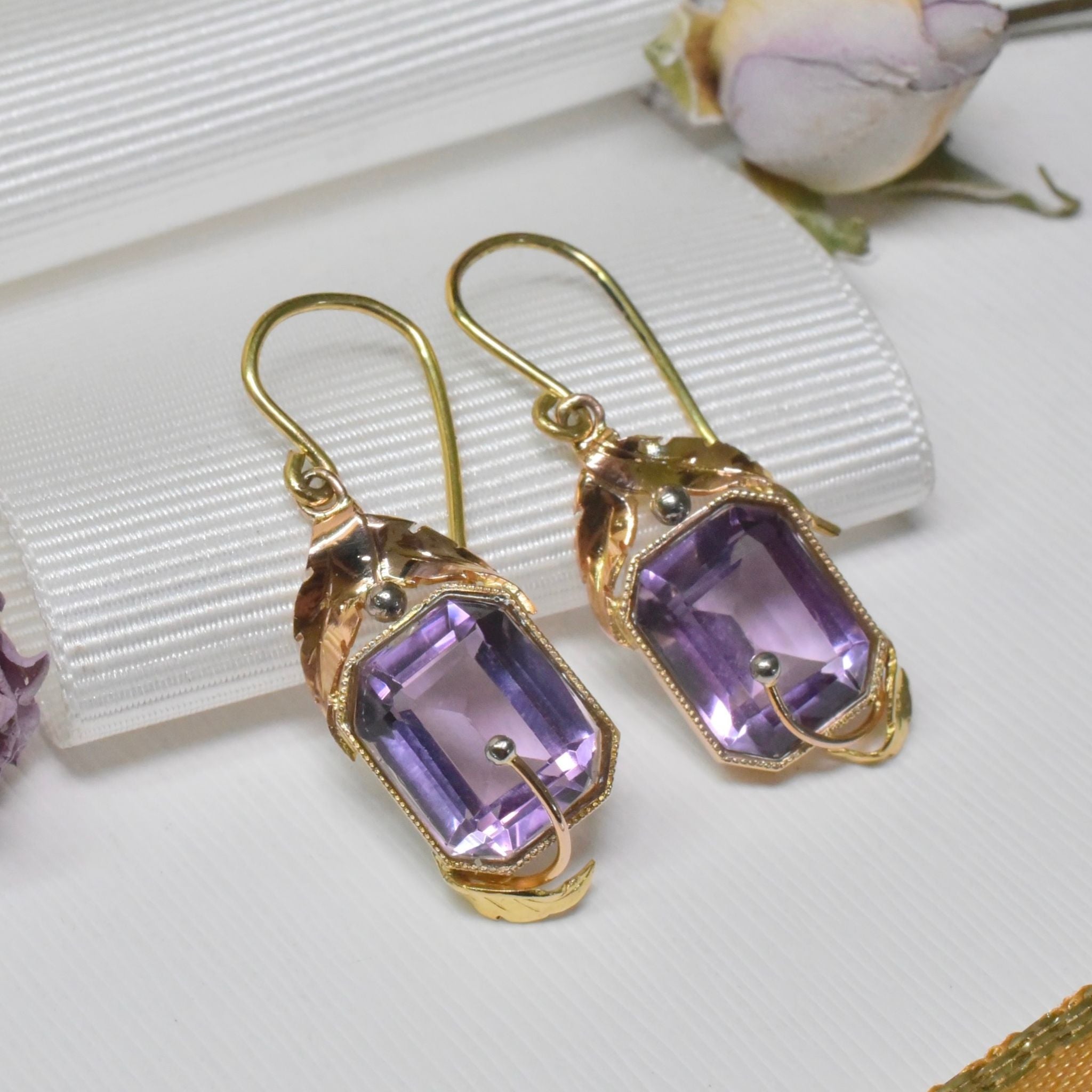 Vintage 9ct Yellow Gold Amethyst Earrings