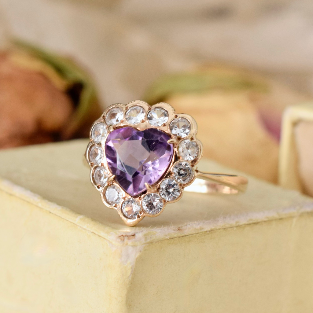 Vintage 9ct Yellow Gold Amethyst Heart And Spinel Ring - Birmingham 1958