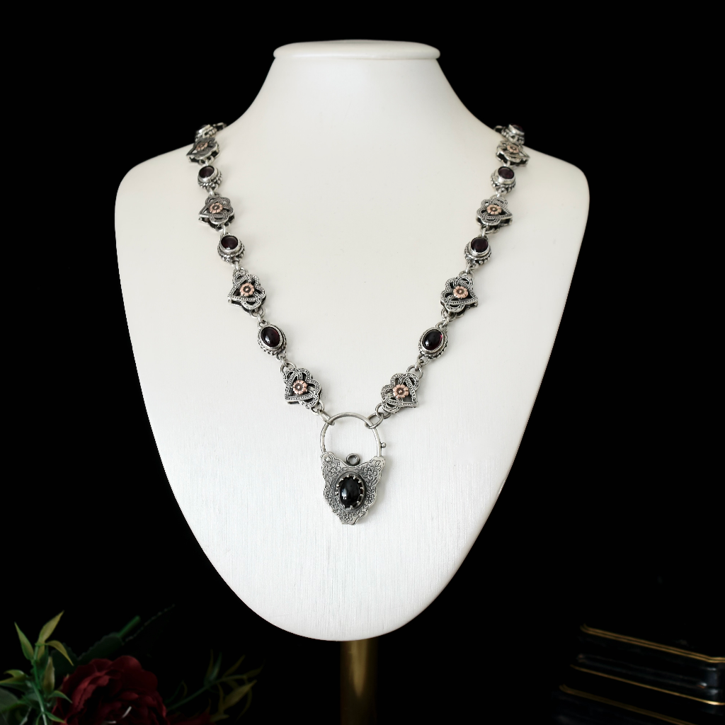 Vintage Sterling Silver, 9ct Rose Gold, Garnet, Celtic Style Padlock Necklace Circa 1980’s